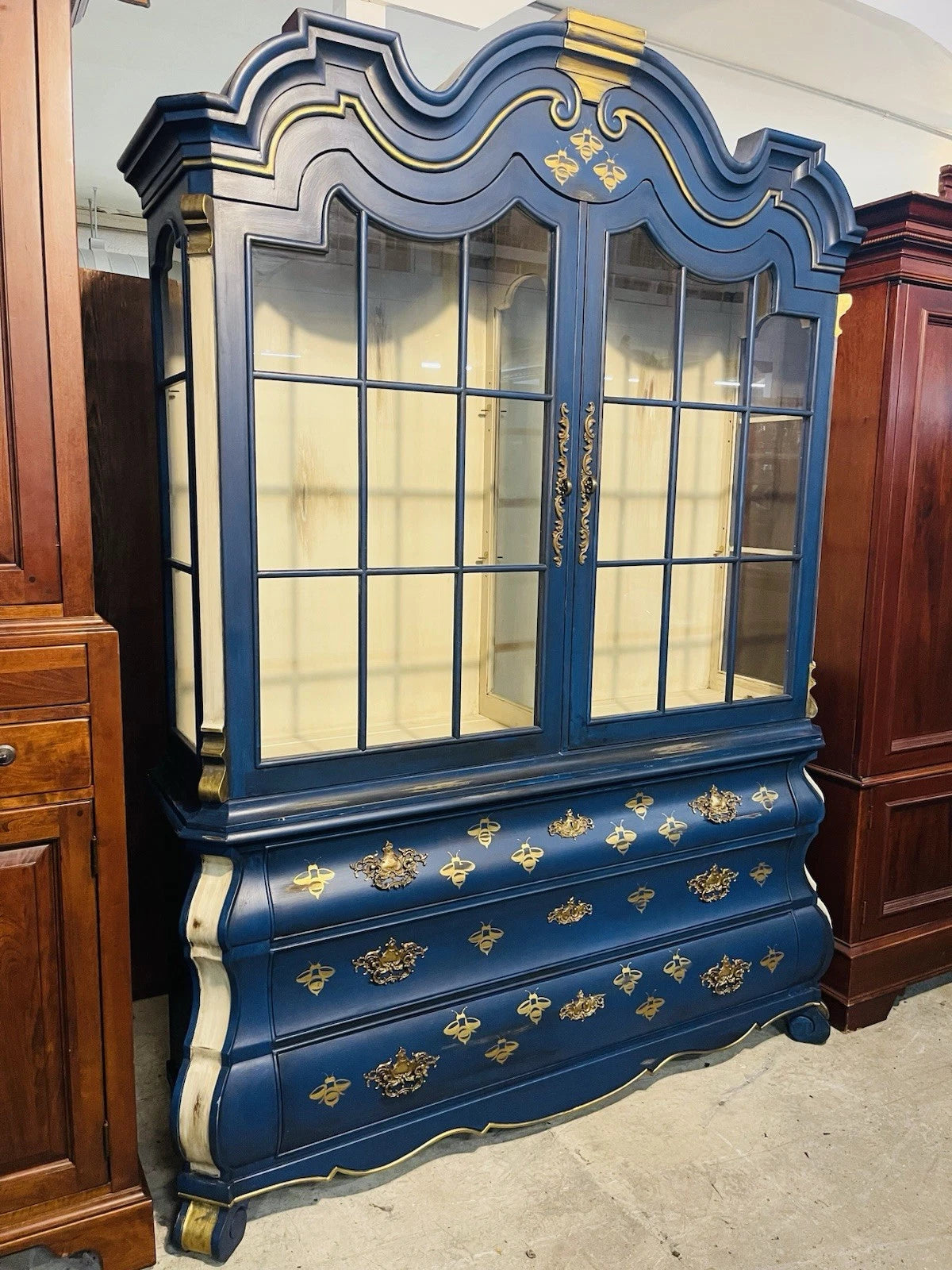 Vintage Henredon Blue & Gold Bombe China Cabinet Hutch