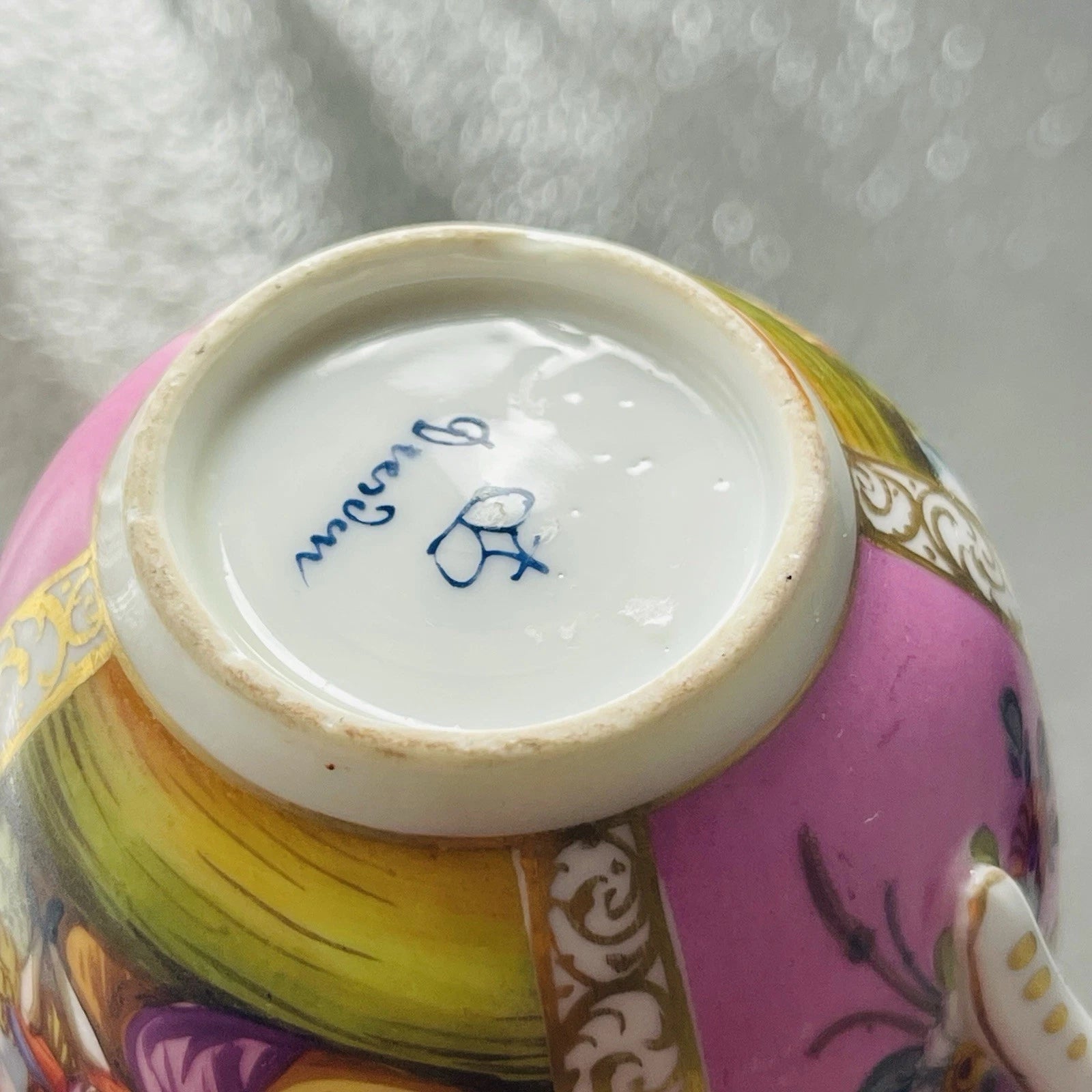 Antique Hand Painted Watteau Pat Dresden Singed Tea Cup Only Pink Yellow Floral