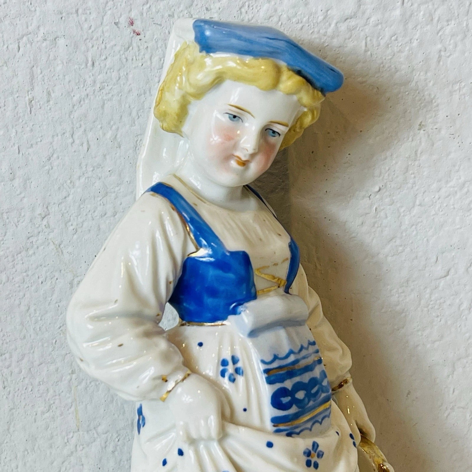 Vintage Blue White Porcelain Girl Lady Figurine Home Office Decor Collectible