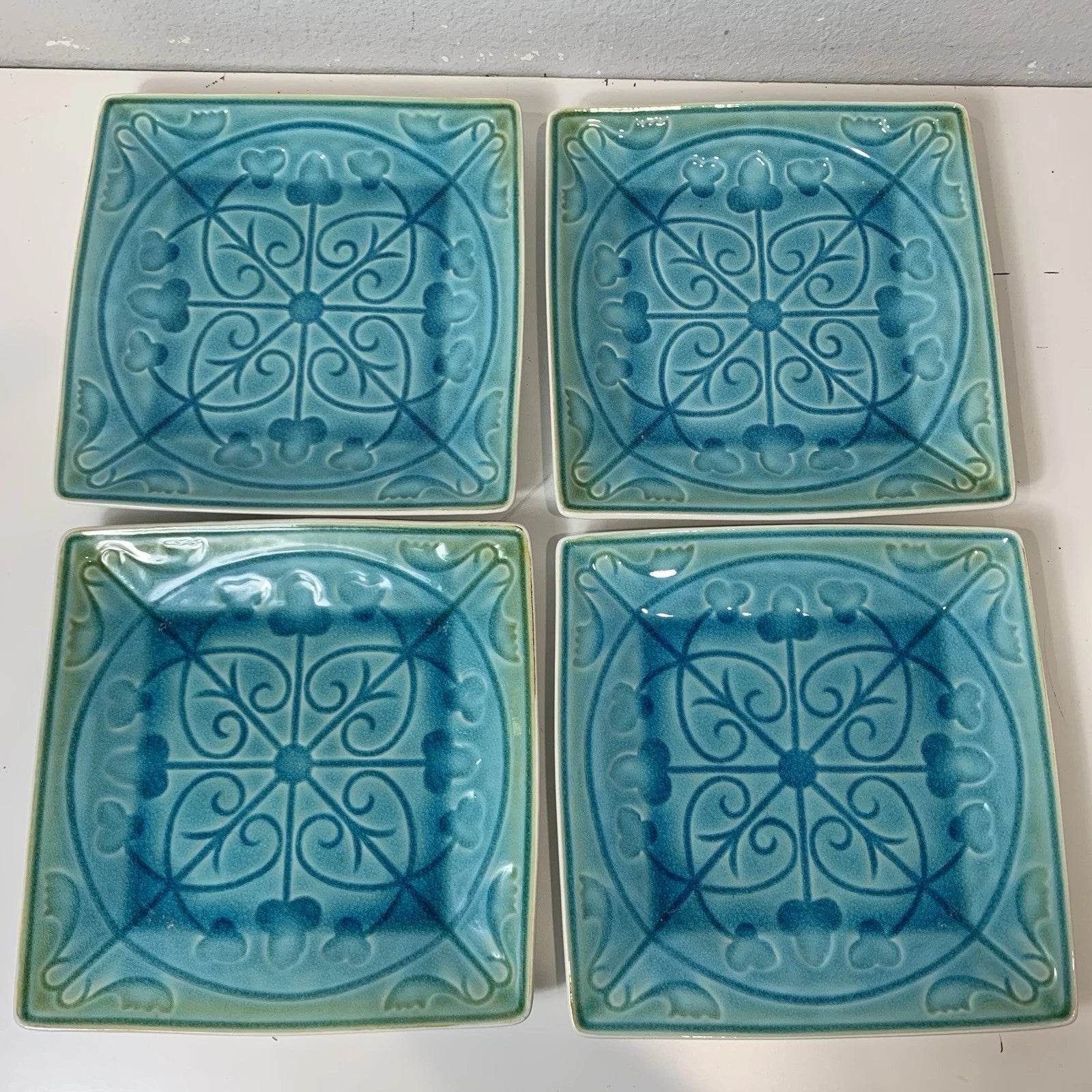 Roscher Lorelei 10.5" Square Blue Green Turquoise Crackled Dinner Plate