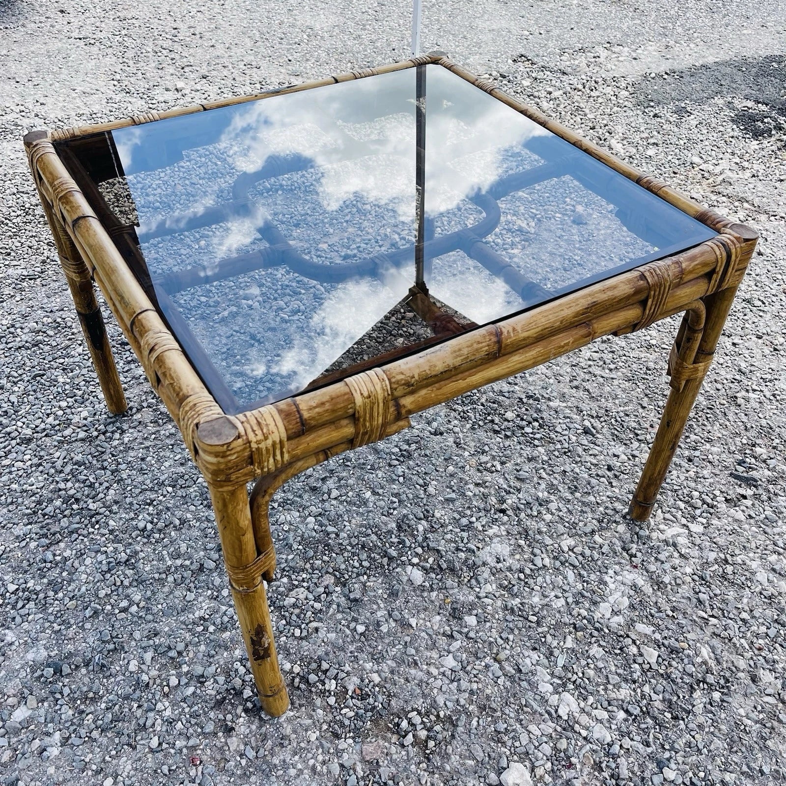 Mid Century Vintage Bamboo Rattan Smoked Glass Side End Table Boho Accent Decor