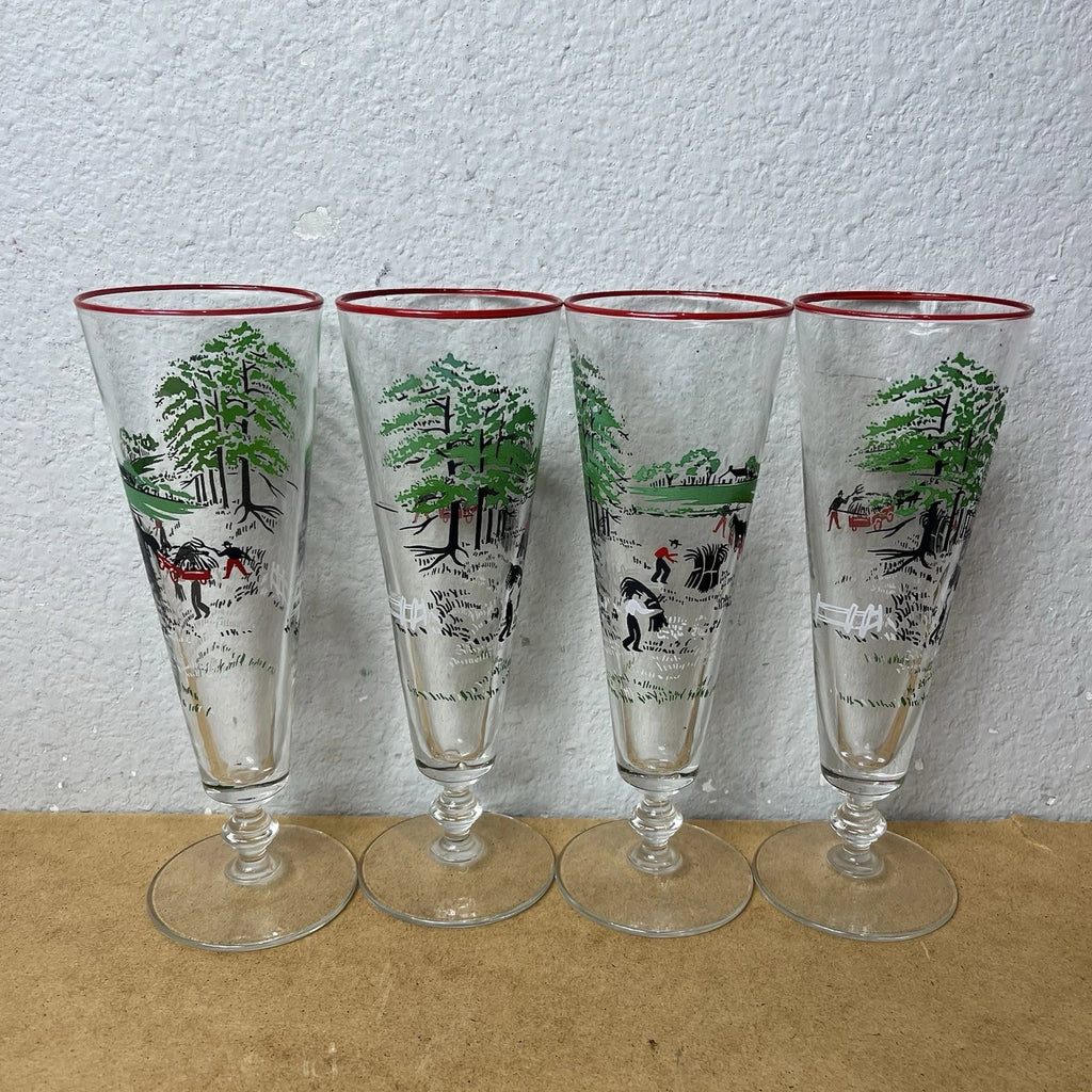 Set Of 4 Libbey Pilsner Glasses Barware Farm Currier & Ives Vintage Holiday