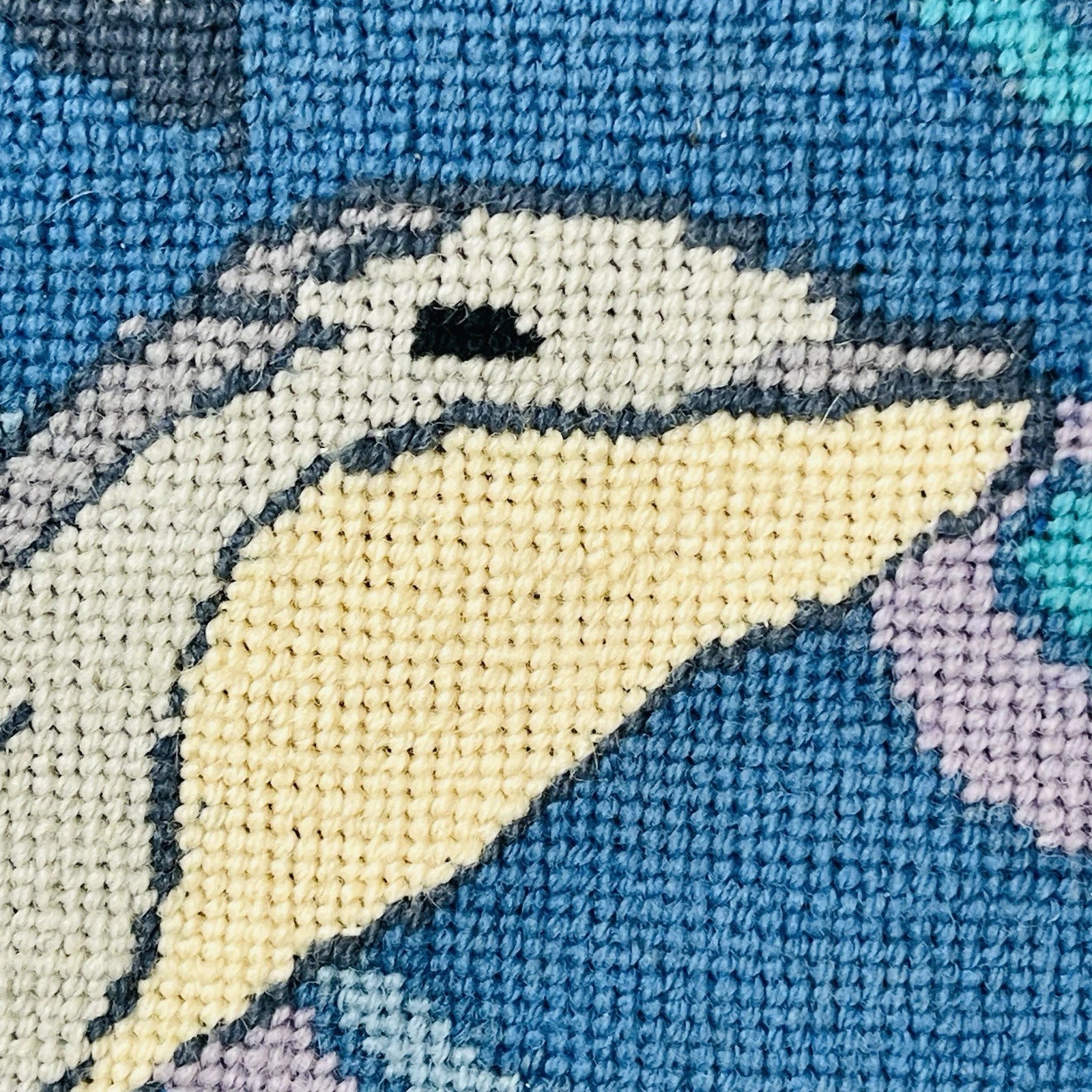 Vintage Dolphin Blue Needlepoint Wall Art Picture Frame Home Office Accent Decor