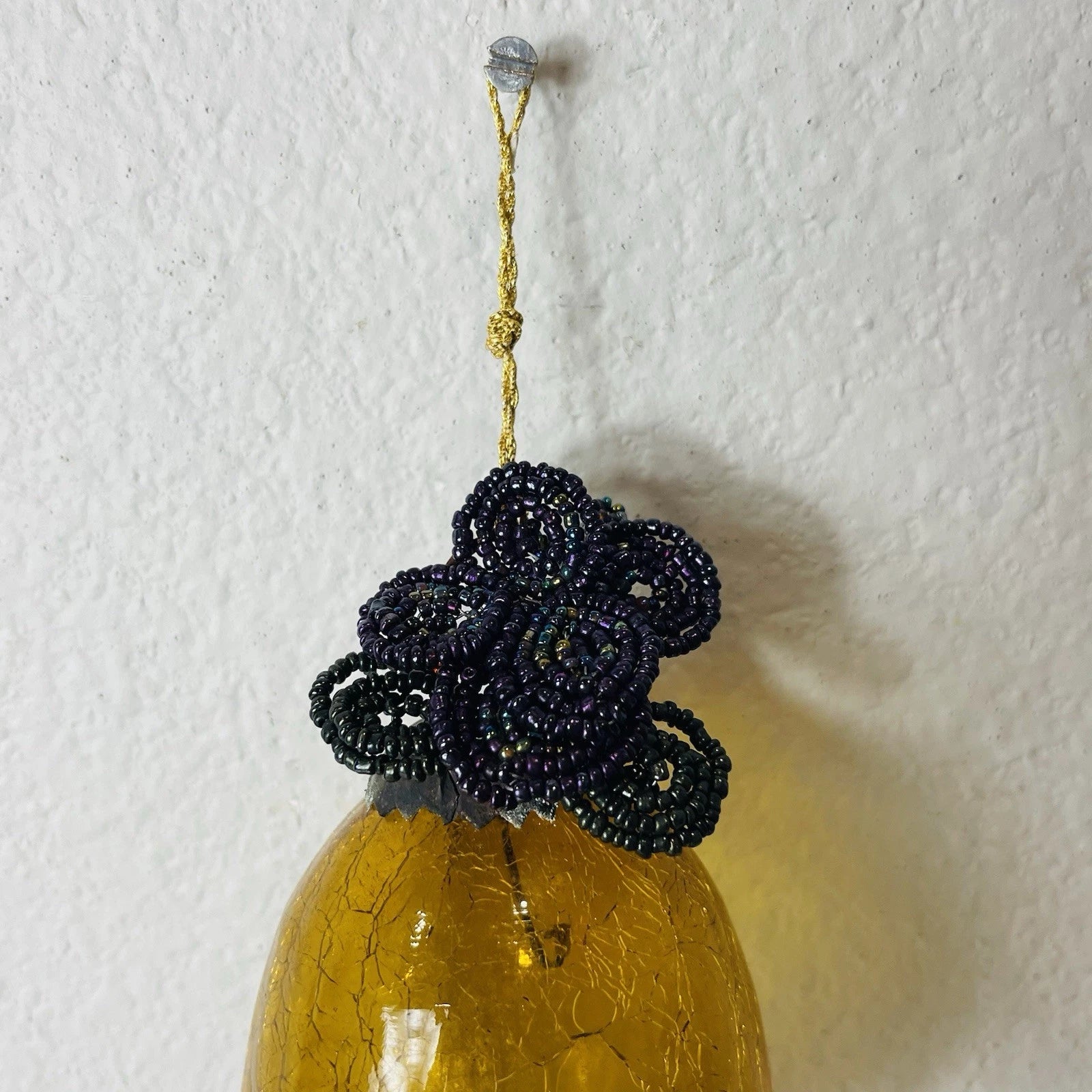 Vintage Old Gold Amber Cracked Crackle Glass Kugel Egg Style Ornament Accent