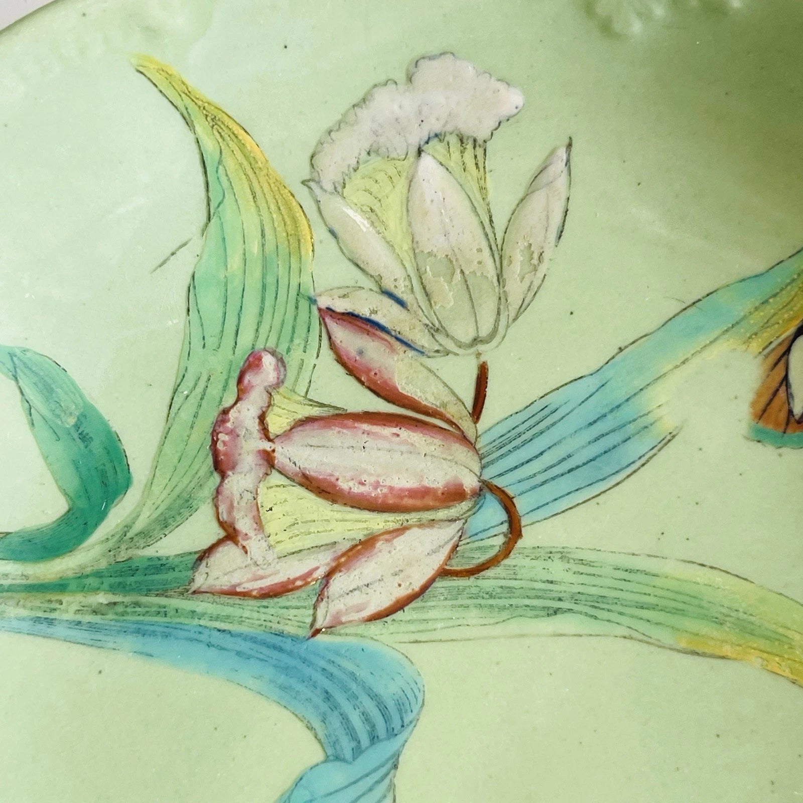 Hand-Painted Vintage Porcelain Plate with Green Floral Design, Decorative Trinket Dish.