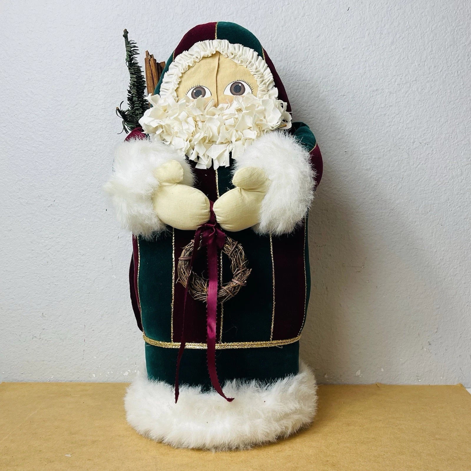 Handmade Farmhouse-Style Vintage Santa Figurine, 21” H: Rustic Christmas Decor.