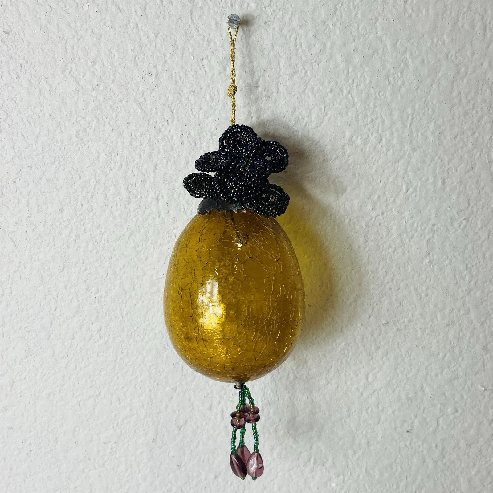 Vintage Old Gold Amber Cracked Crackle Glass Kugel Egg Style Ornament Accent