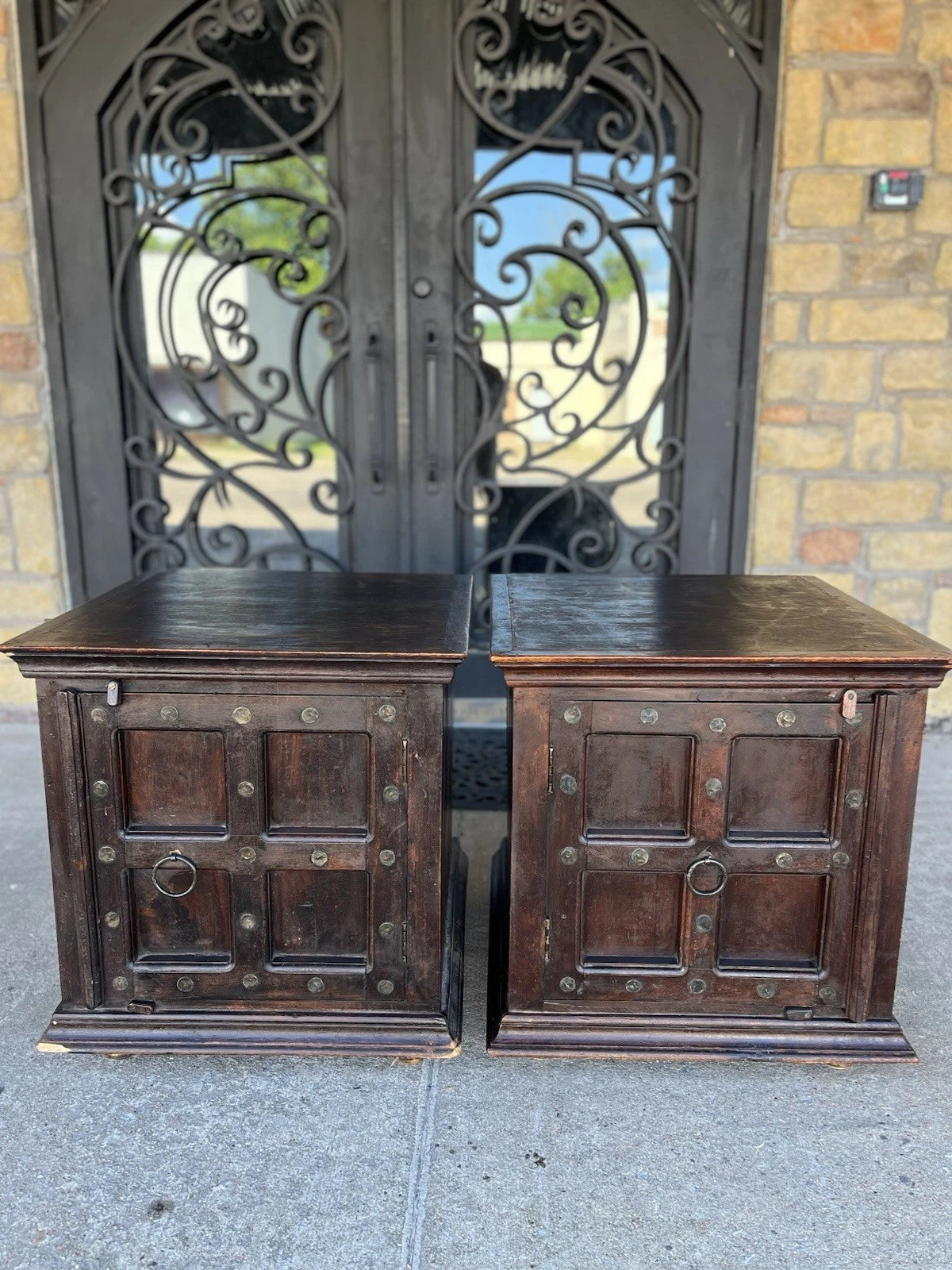 Pair of Vintage El Paso Import Co Wood Nightstands with Iron Accents