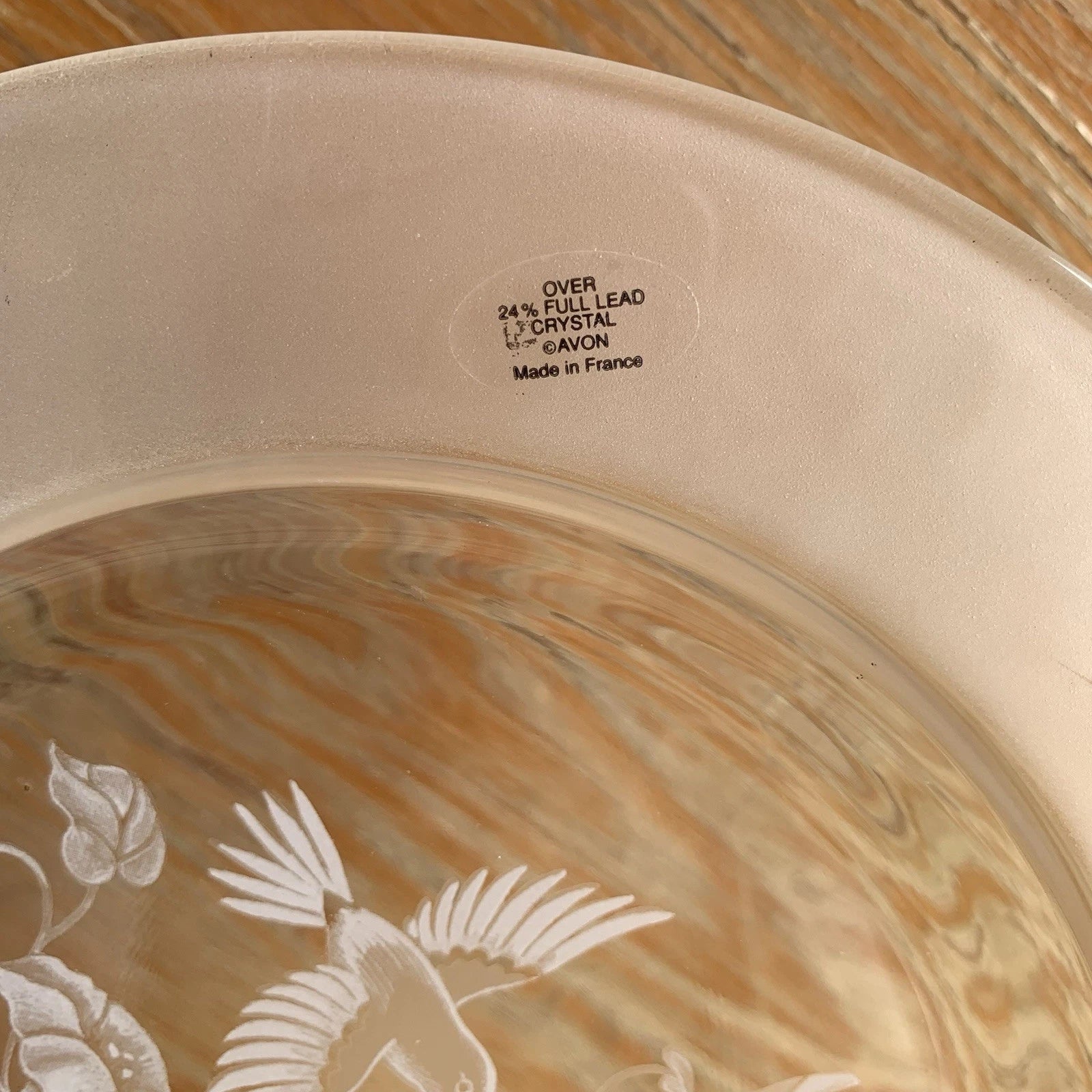 Avon Hummingbird 3-Piece Set: 24% Lead Crystal Dessert Plates, Frosted Etched, 8” Diameter.