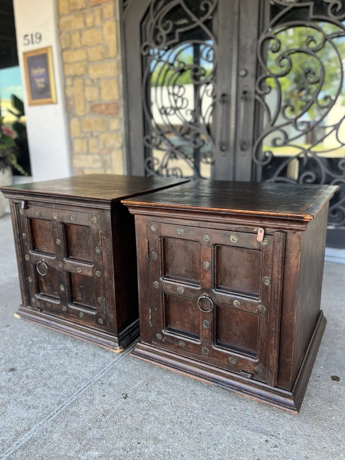 Pair of Vintage El Paso Import Co Wood Nightstands with Iron Accents
