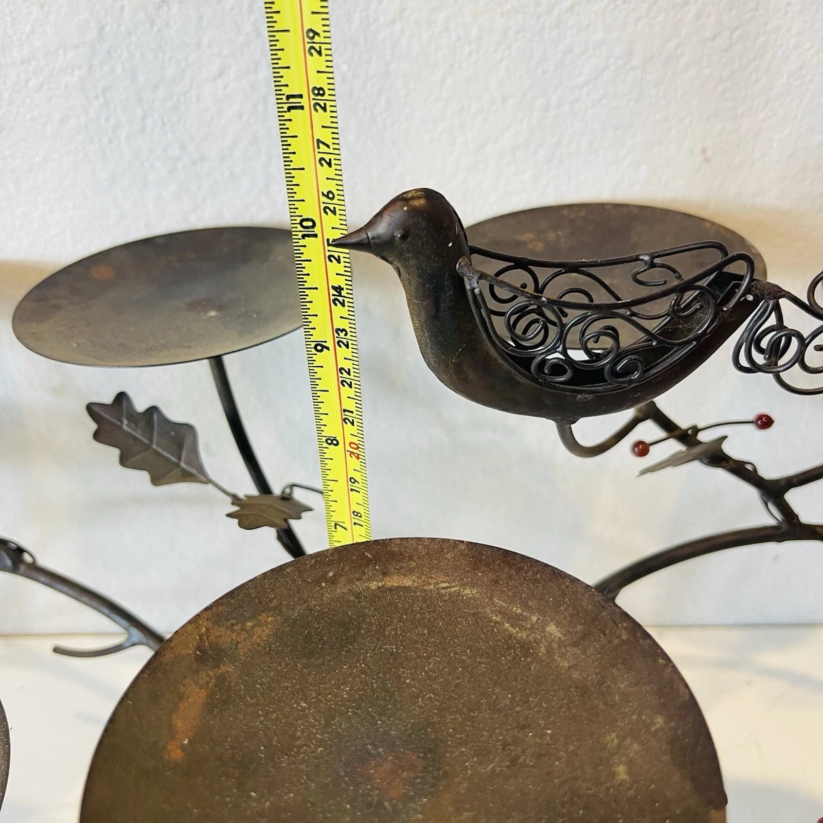 Rustic 9-Arm Metal Candle Holder, Rubbed Bronze Finish, Birds on Branches Design