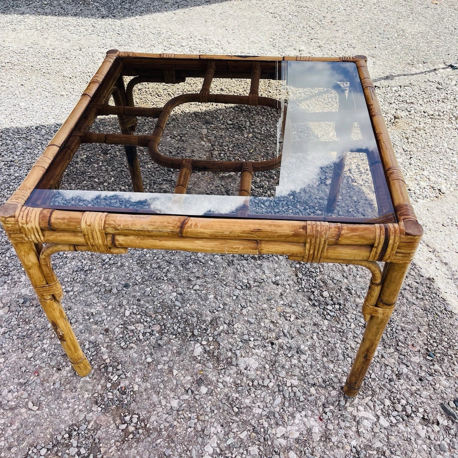 Mid Century Vintage Bamboo Rattan Smoked Glass Side End Table Boho Accent Decor