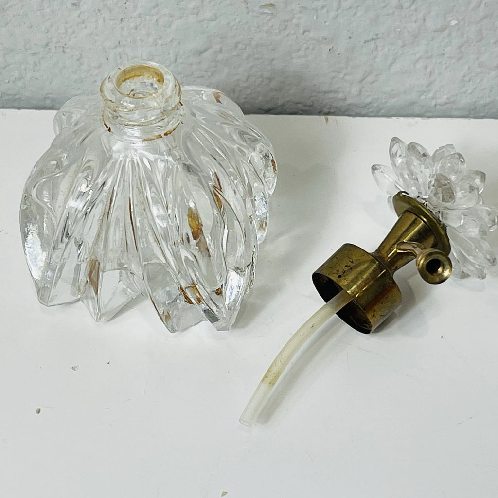 Clear Glass Perfume Bottle with Metal Flower & Rhinestone Pump Accent – Decorative