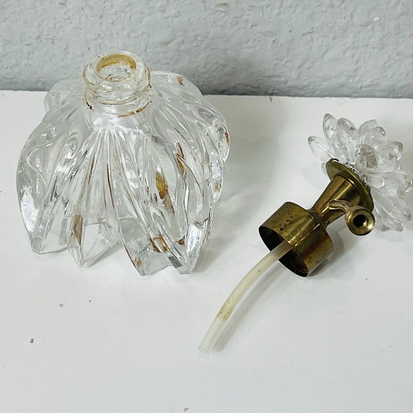 Clear Glass Perfume Bottle with Metal Flower & Rhinestone Pump Accent – Decorative