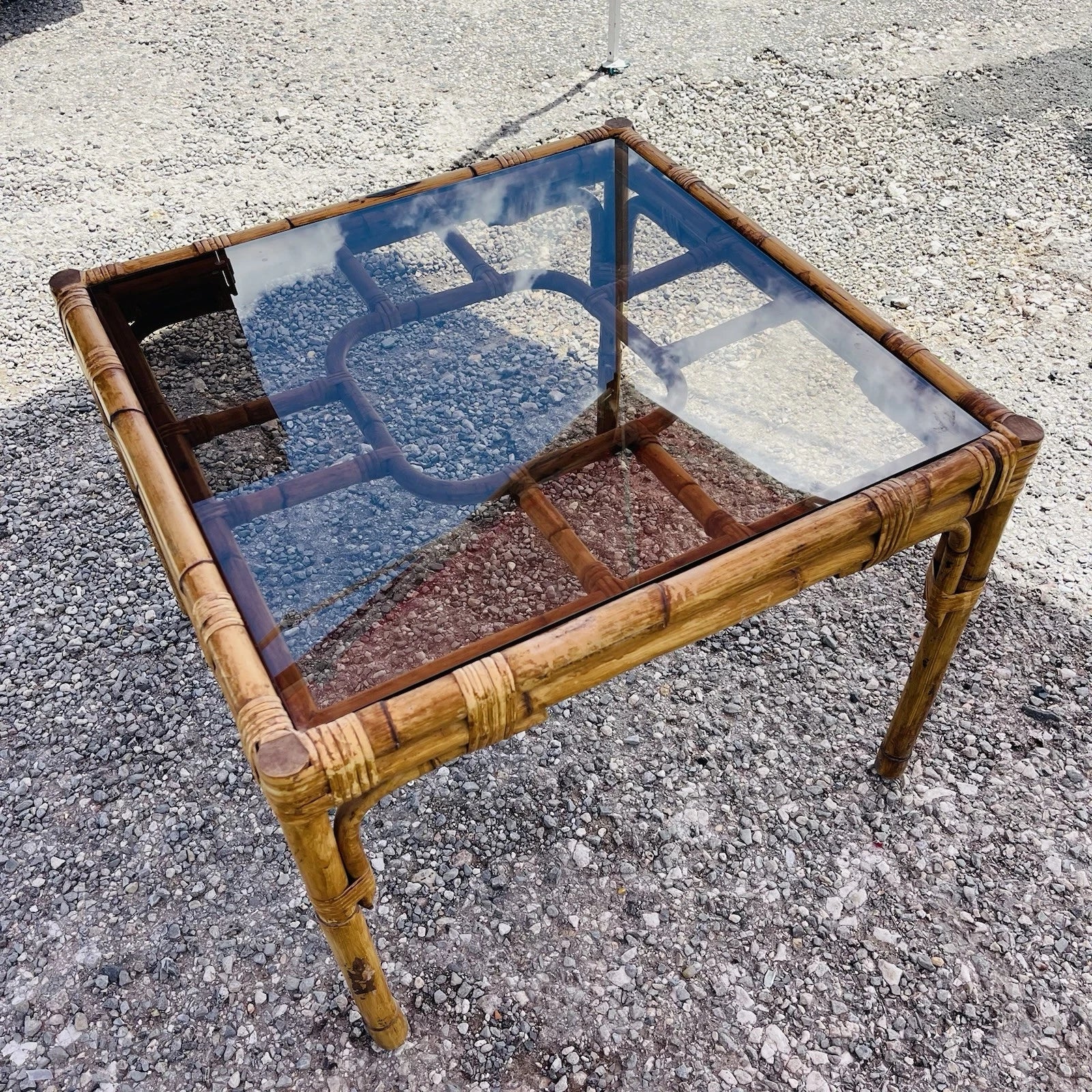 Mid Century Vintage Bamboo Rattan Smoked Glass Side End Table Boho Accent Decor