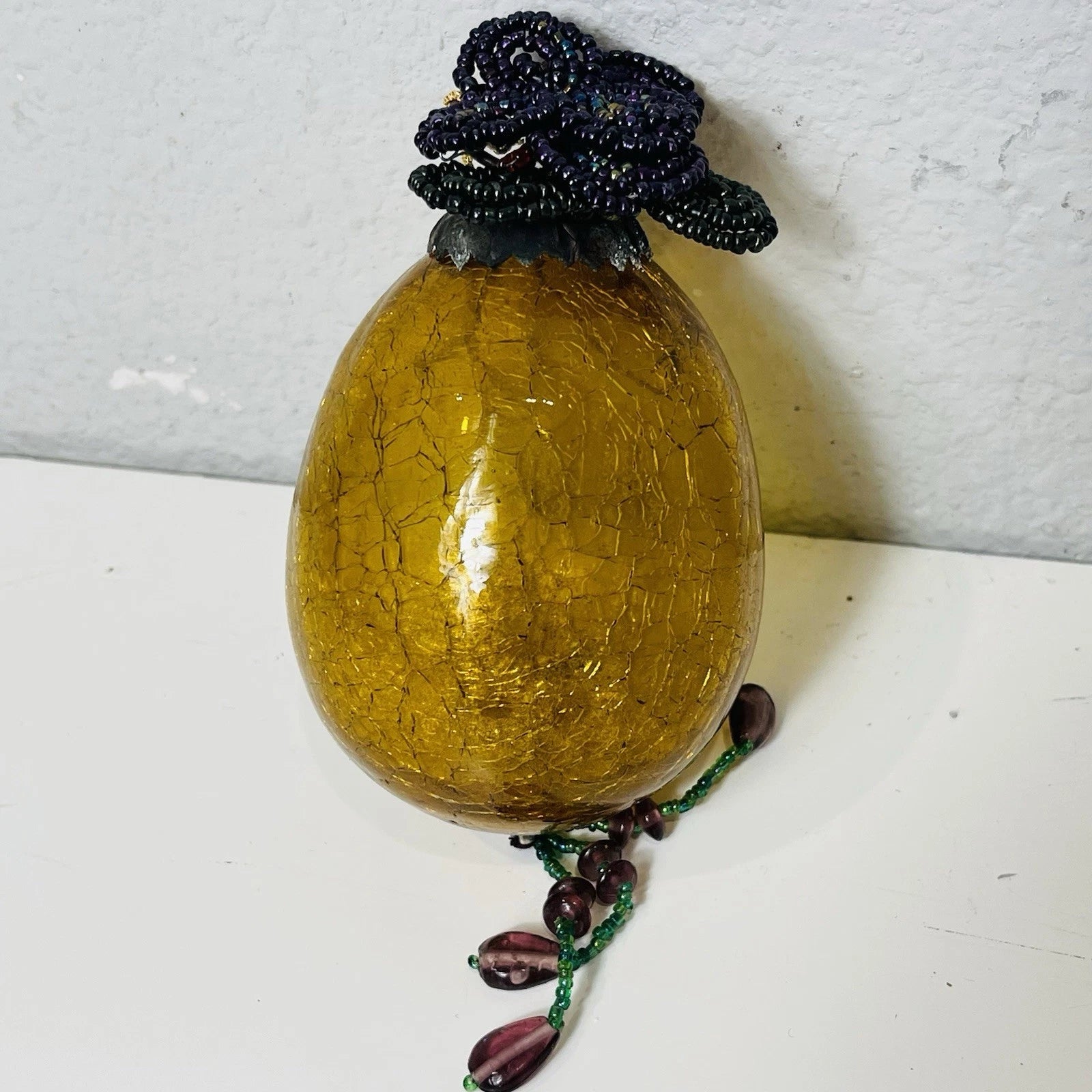 Vintage Old Gold Amber Cracked Crackle Glass Kugel Egg Style Ornament Accent