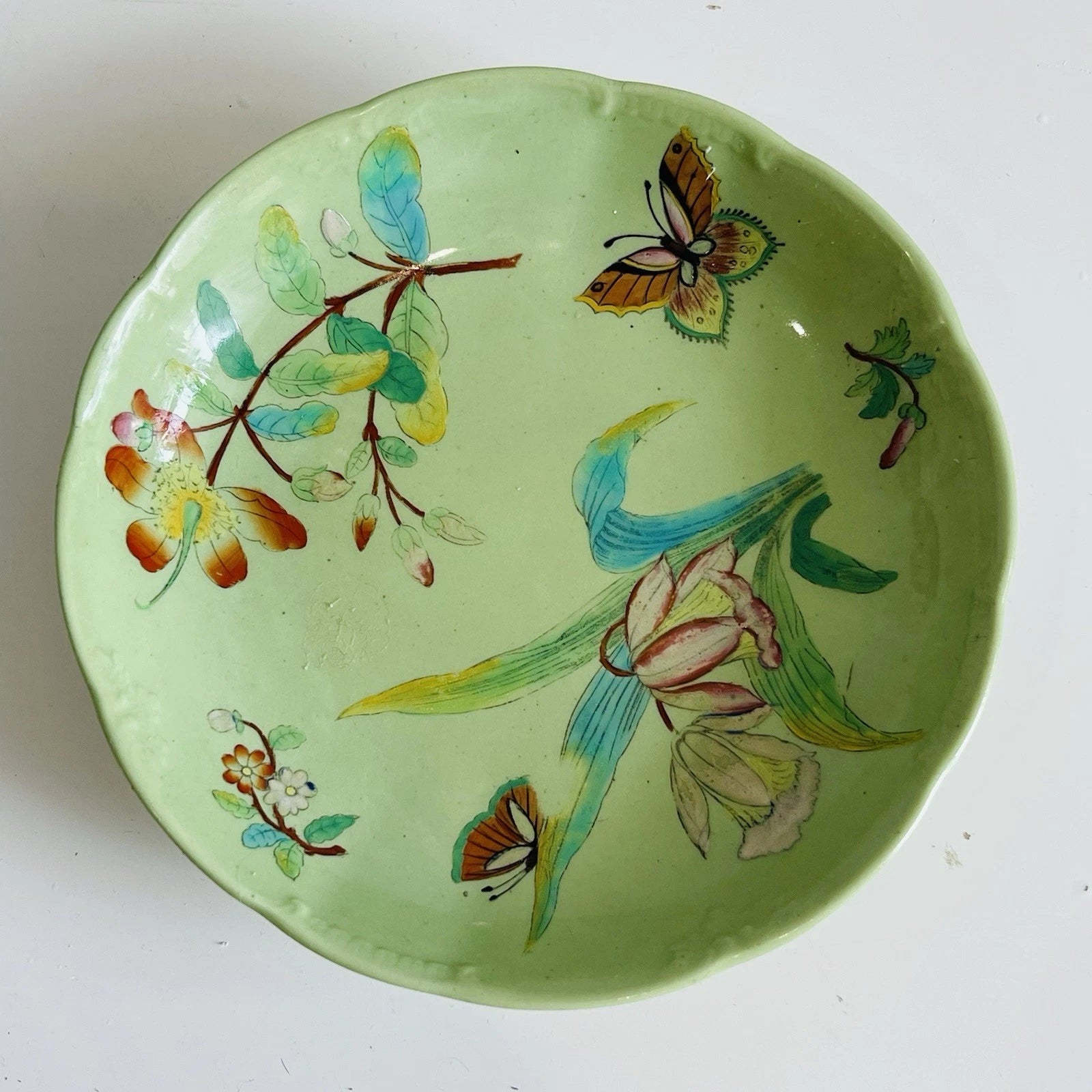 Hand-Painted Vintage Porcelain Plate with Green Floral Design, Decorative Trinket Dish.