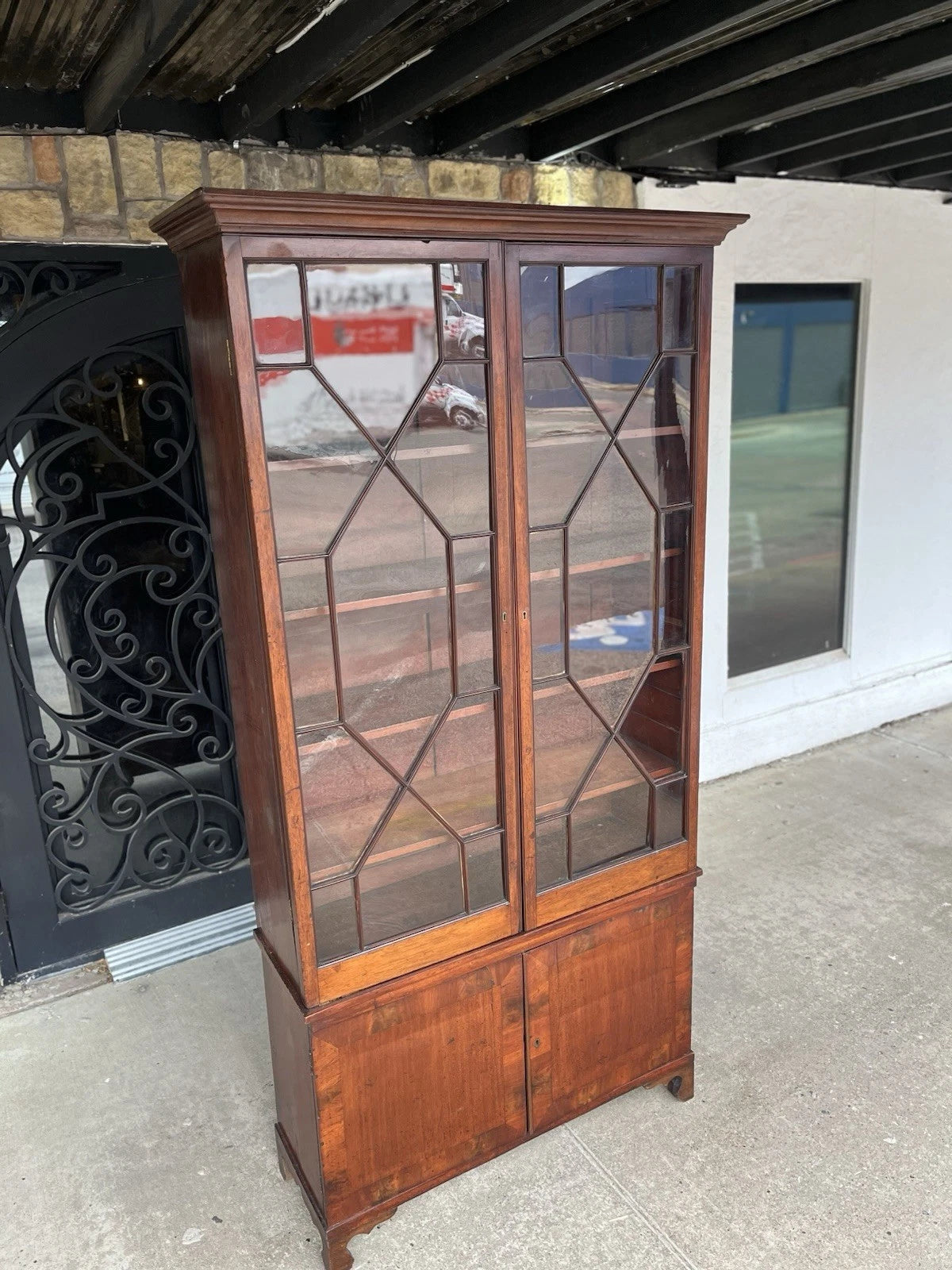 Antique Mahogany Bookcase Cabinet with Leaded Glass Doors