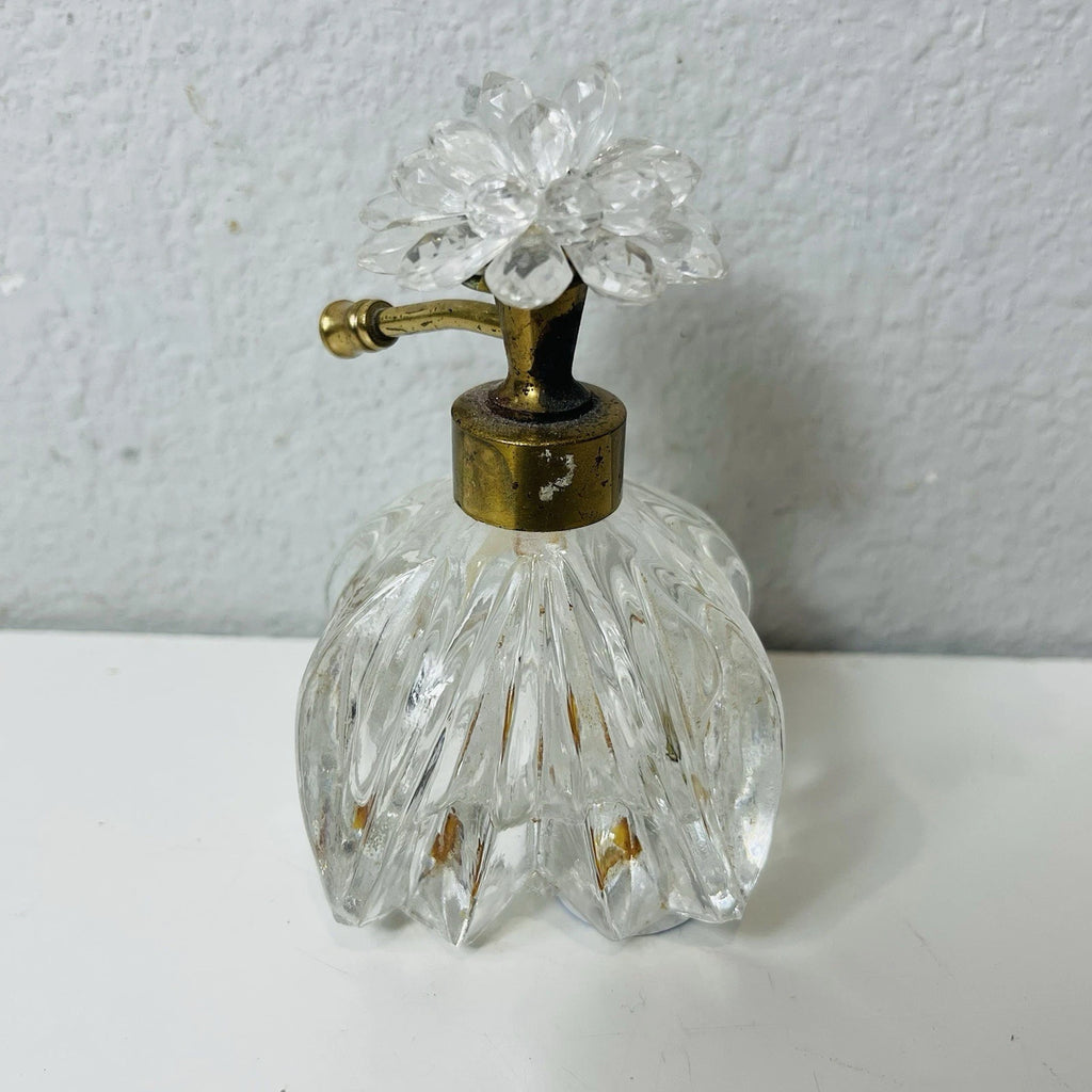 Clear Glass Perfume Bottle with Metal Flower & Rhinestone Pump Accent – Decorative