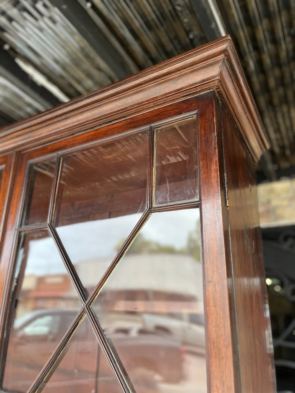 Antique Mahogany Bookcase Cabinet with Leaded Glass Doors