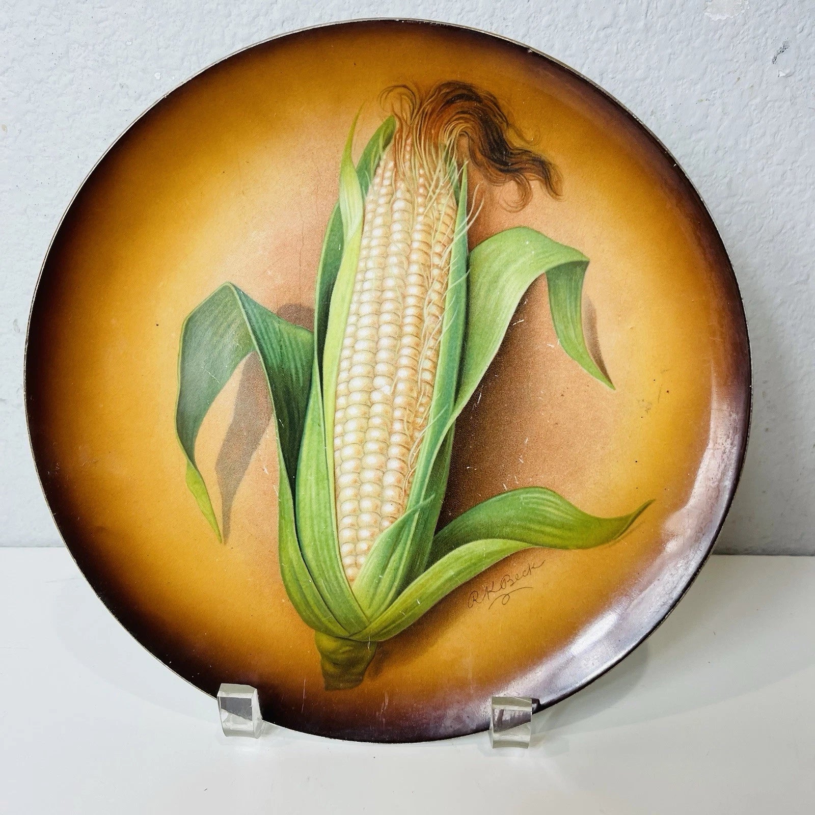 Vintage Corn- decorated Plate, R.K. Beck Signed – Home Office Accent Décor