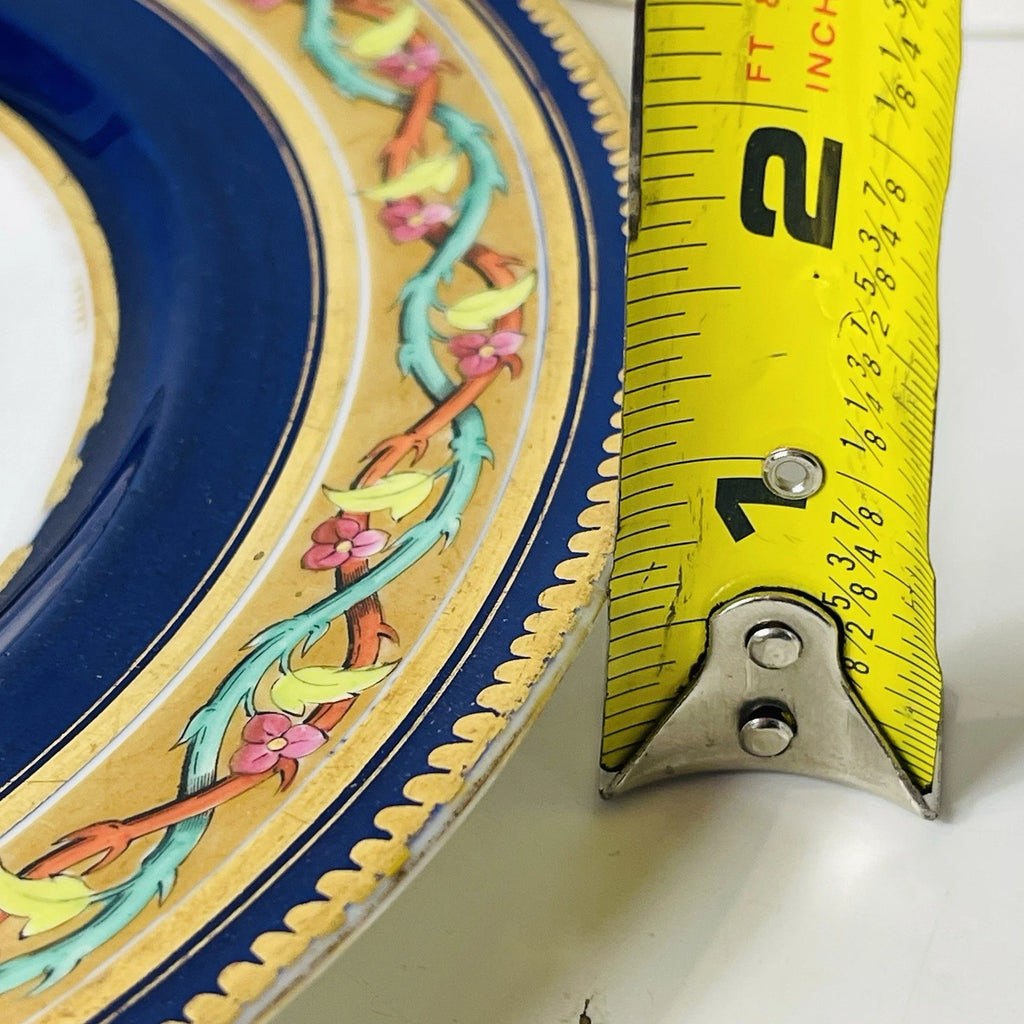 Set Of 3 Bohemian Style Dessert Plates Blue Gold Rim Pink Roses Vine Accent Deco