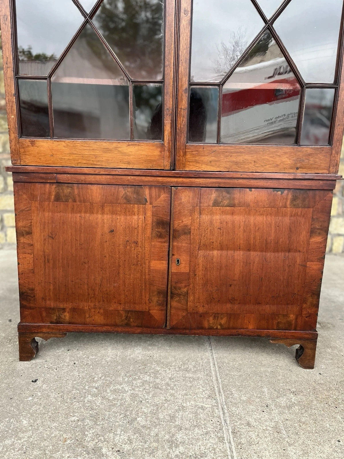 Antique Mahogany Bookcase Cabinet with Leaded Glass Doors