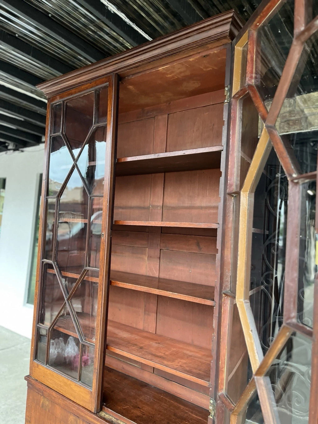 Antique Mahogany Bookcase Cabinet with Leaded Glass Doors