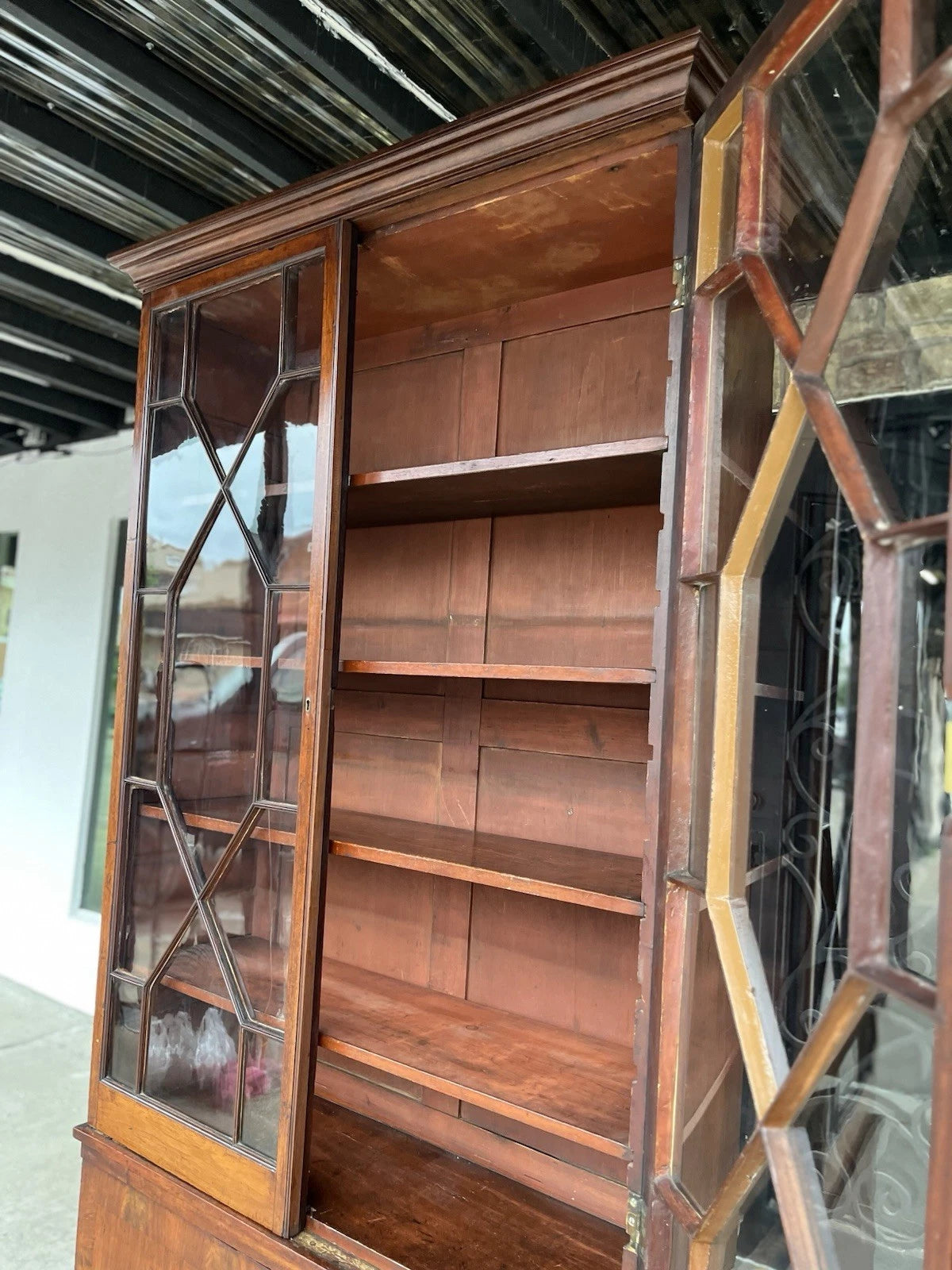 Antique Mahogany Bookcase Cabinet with Leaded Glass Doors