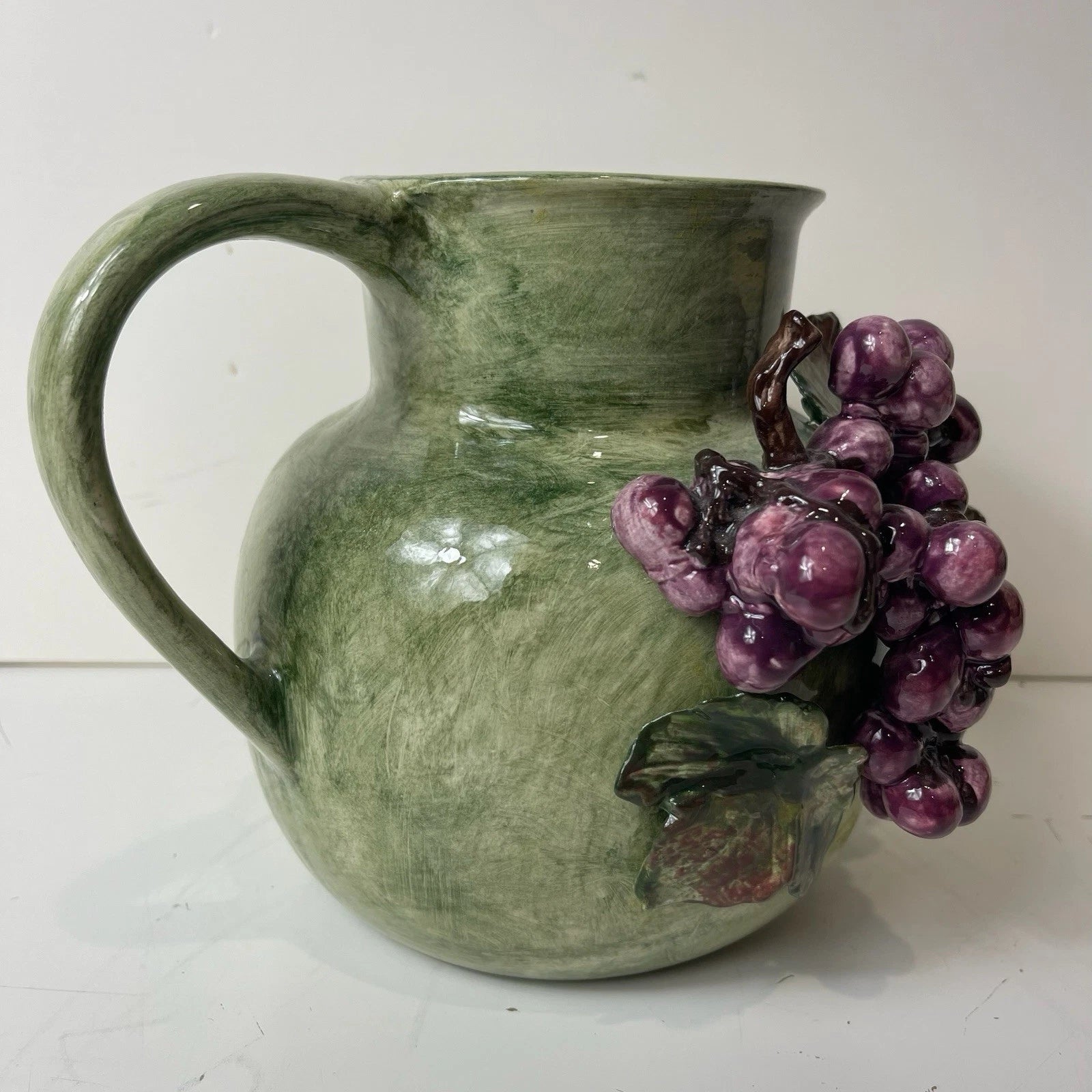 San Marco Nove Italy Hand-painted Pitcher Purple Grapes Green Embossed