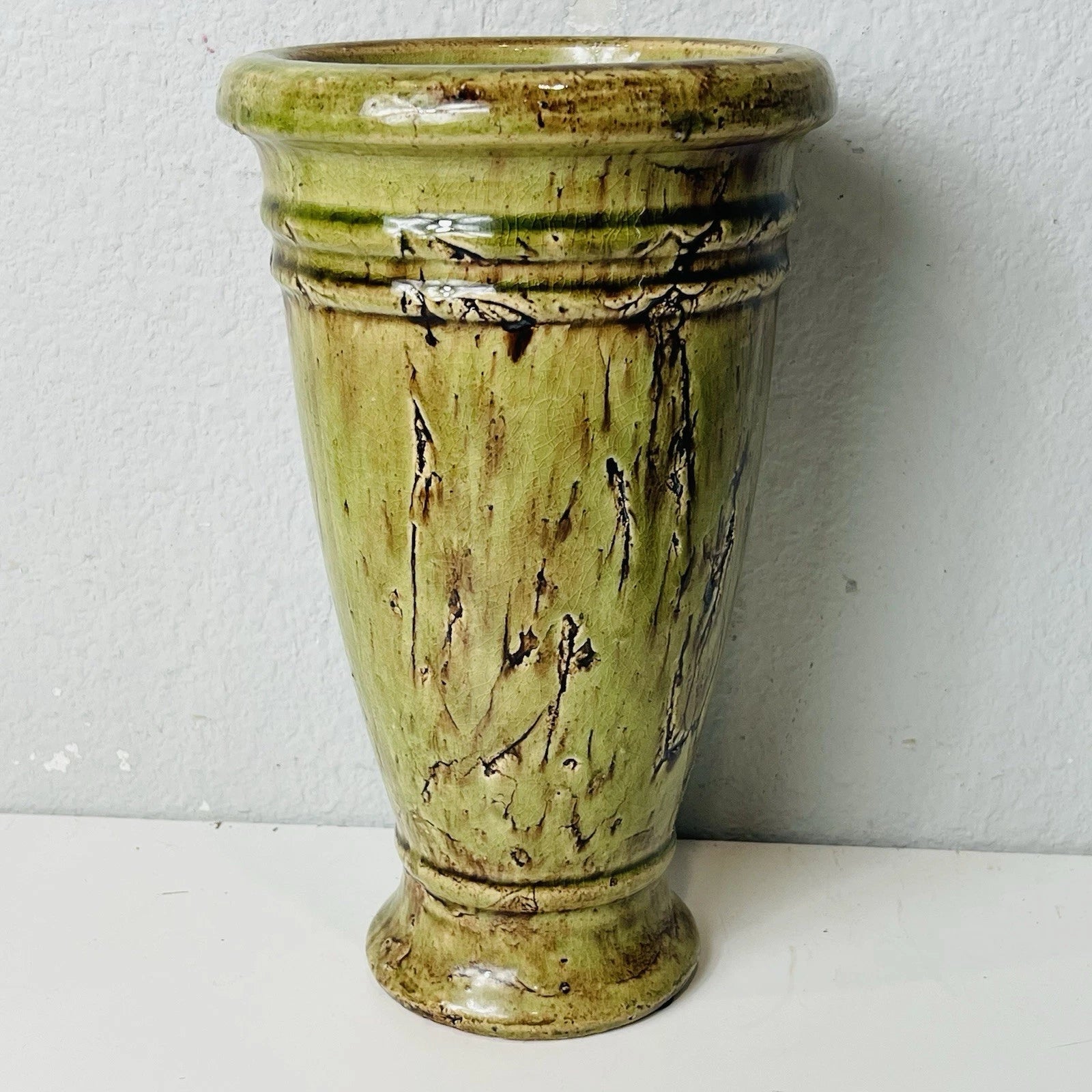Hosley TM Art Pottery Vase Drip Crystalline Gloss Rustic Brown and Green Glaze