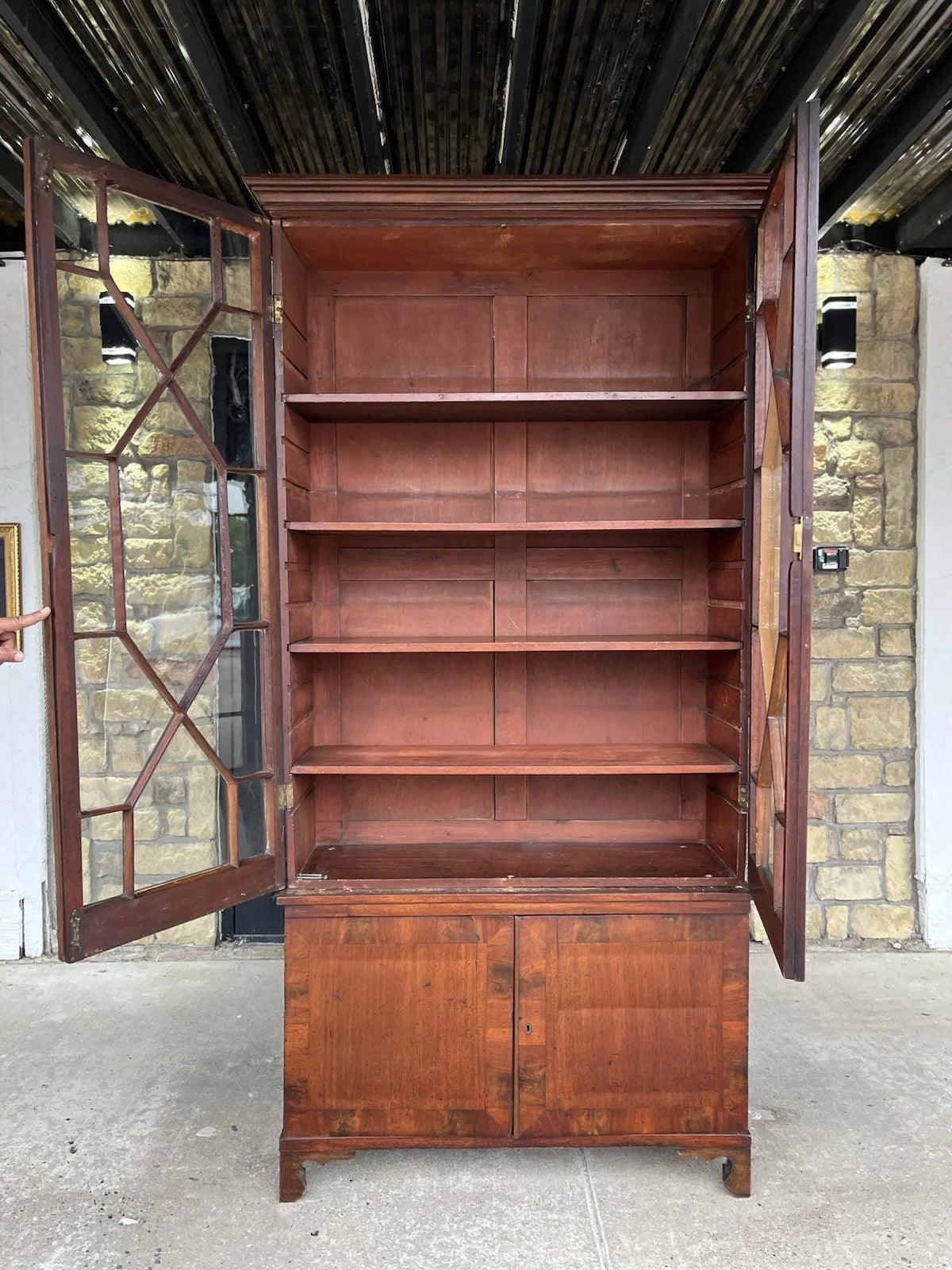 Antique Mahogany Bookcase Cabinet with Leaded Glass Doors