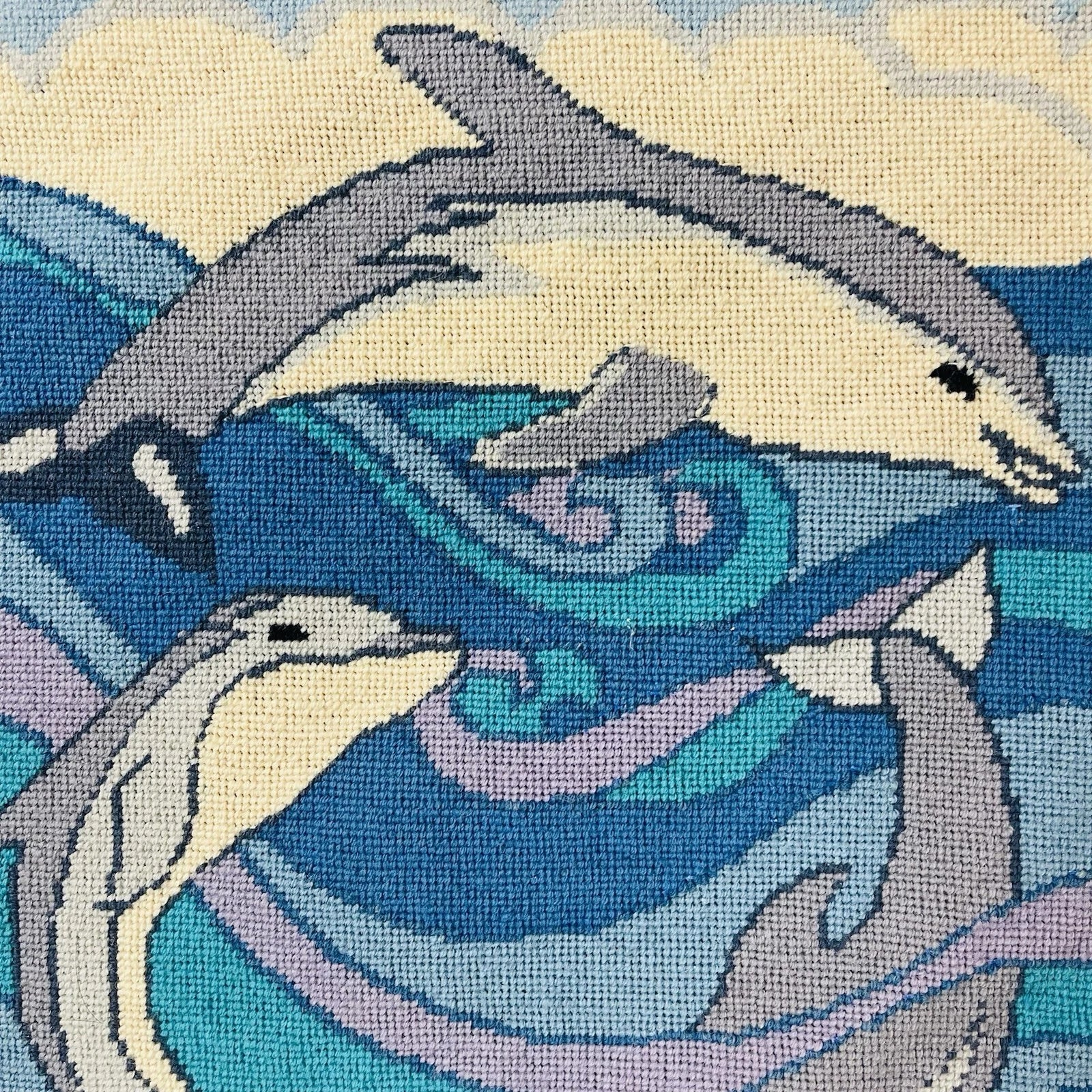 Vintage Dolphin Blue Needlepoint Wall Art Picture Frame Home Office Accent Decor