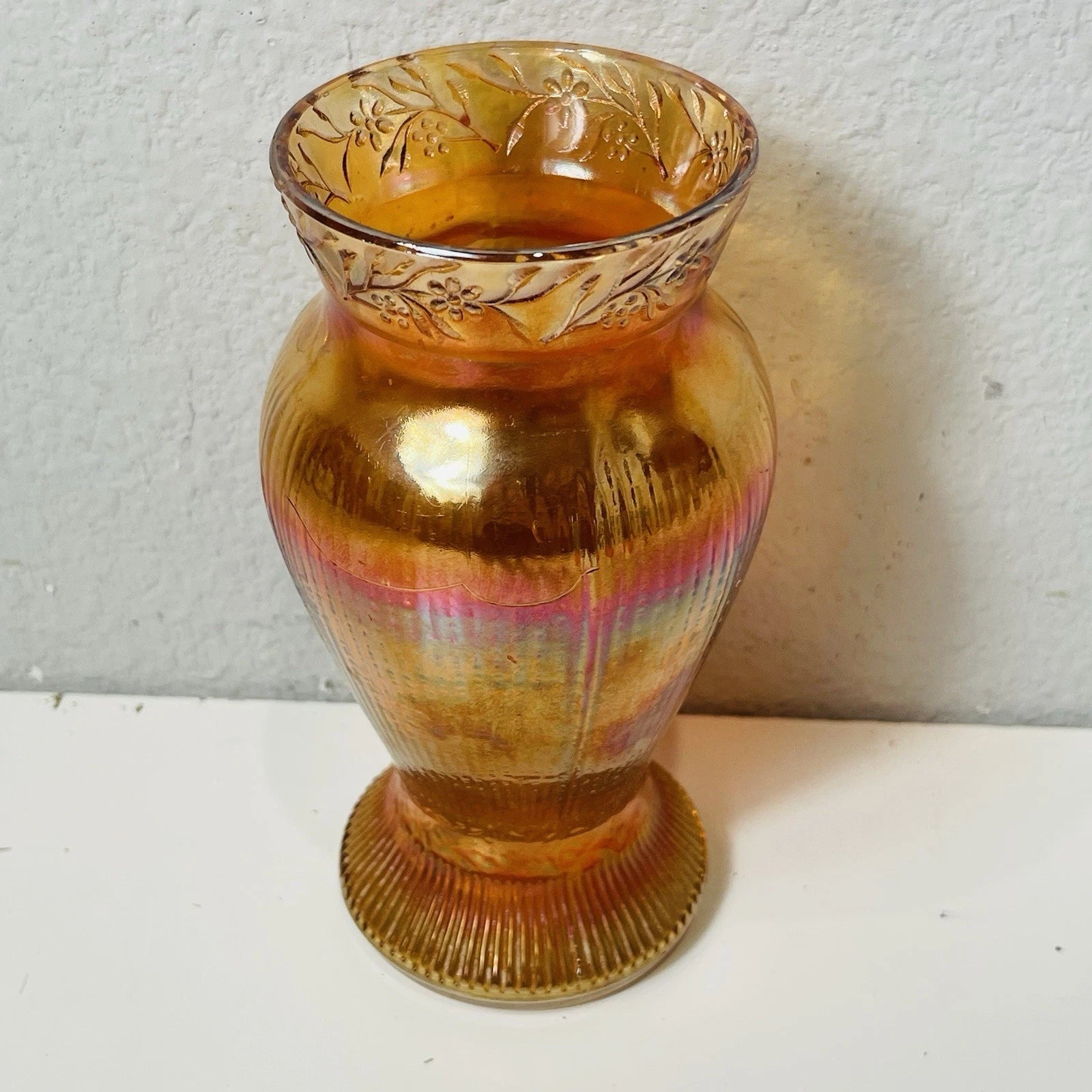 Carnival Marigold Vase Prism & Daisy Band 6-1/4" Vase VGC  Arts Crafts "As is"