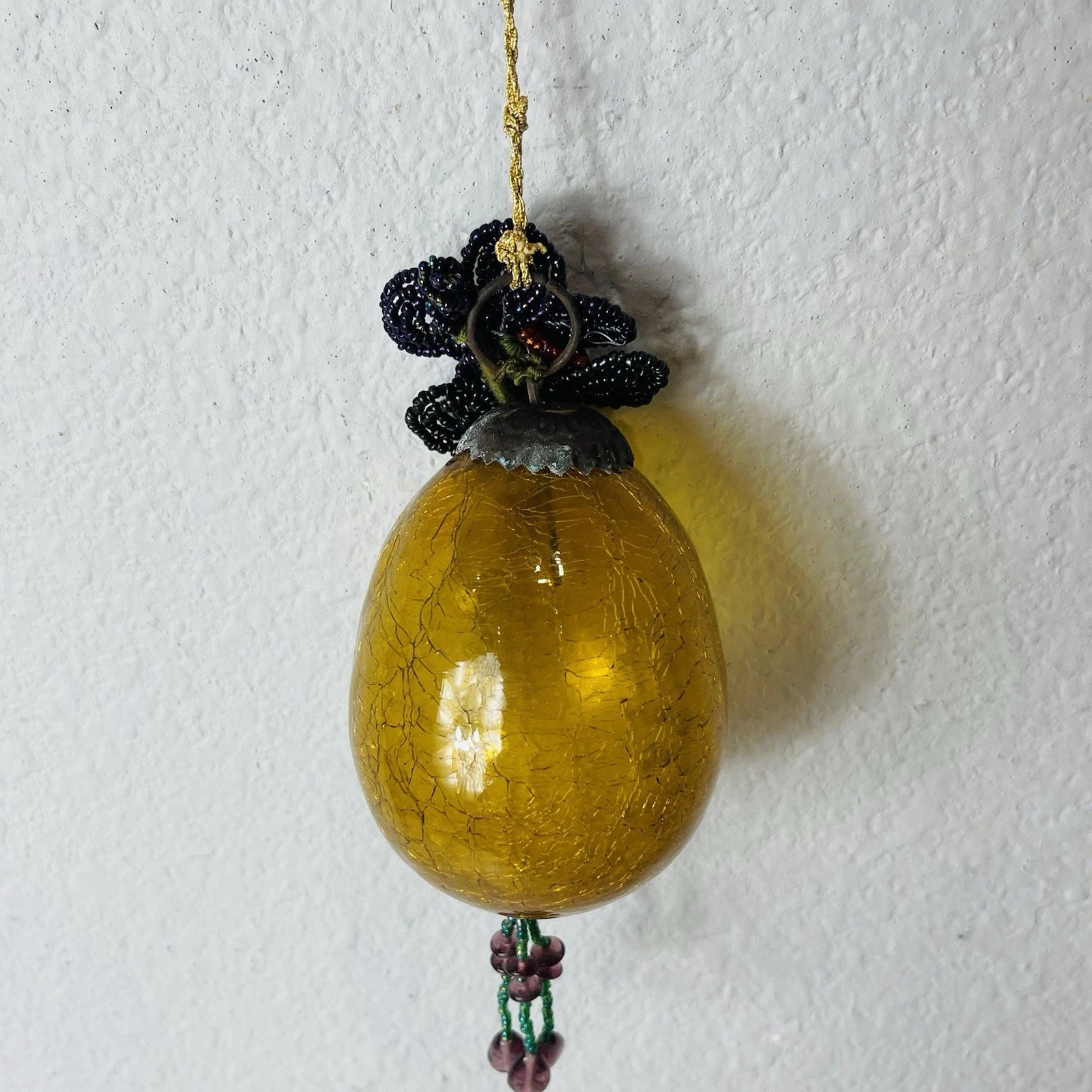 Vintage Old Gold Amber Cracked Crackle Glass Kugel Egg Style Ornament Accent