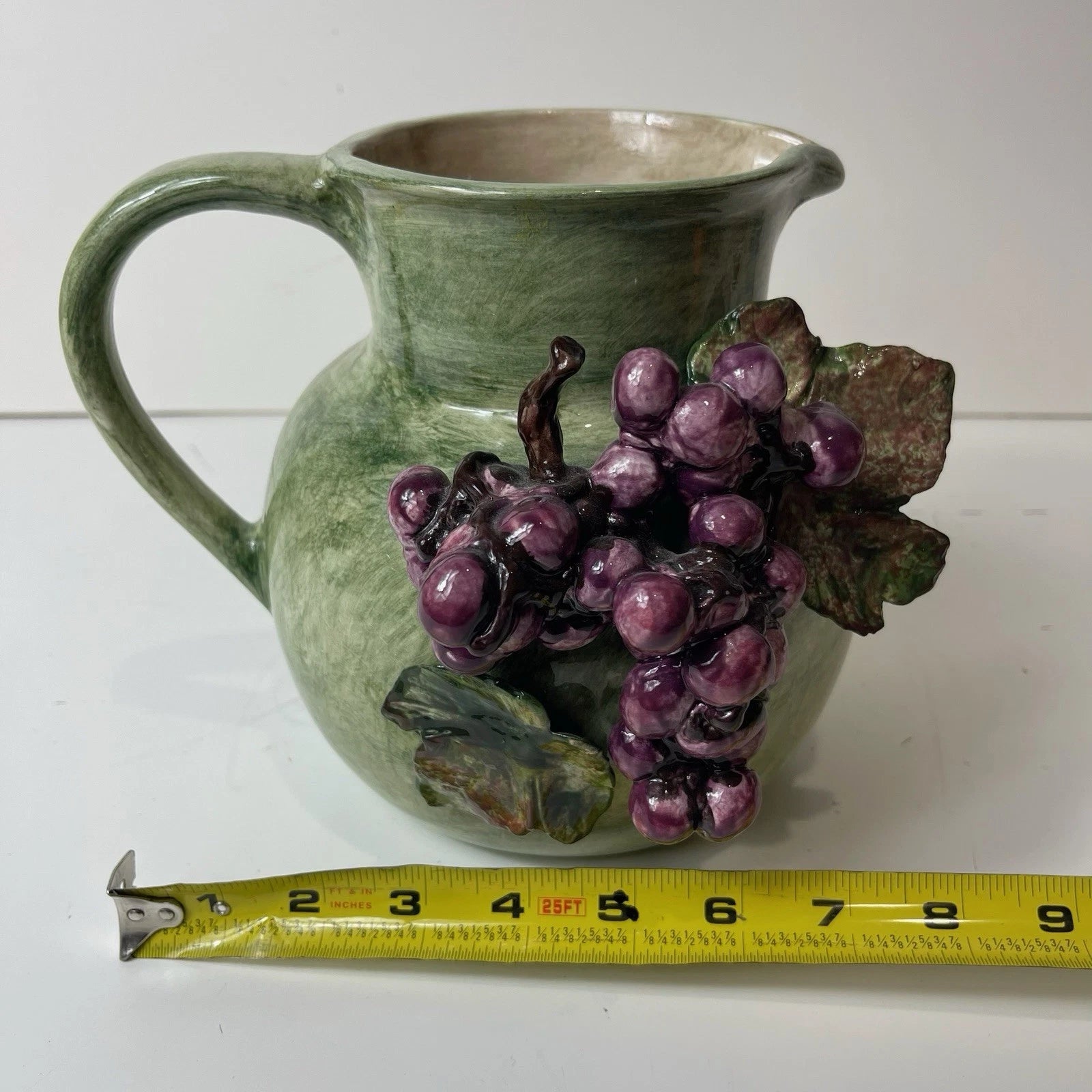 San Marco Nove Italy Hand-painted Pitcher Purple Grapes Green Embossed