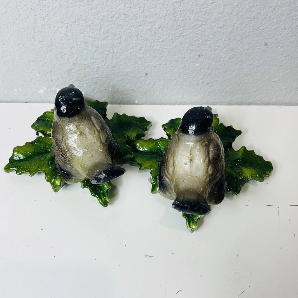 Set Of 2 Bird Candles Hand Painted with Christmas Holly Leaves and Berries