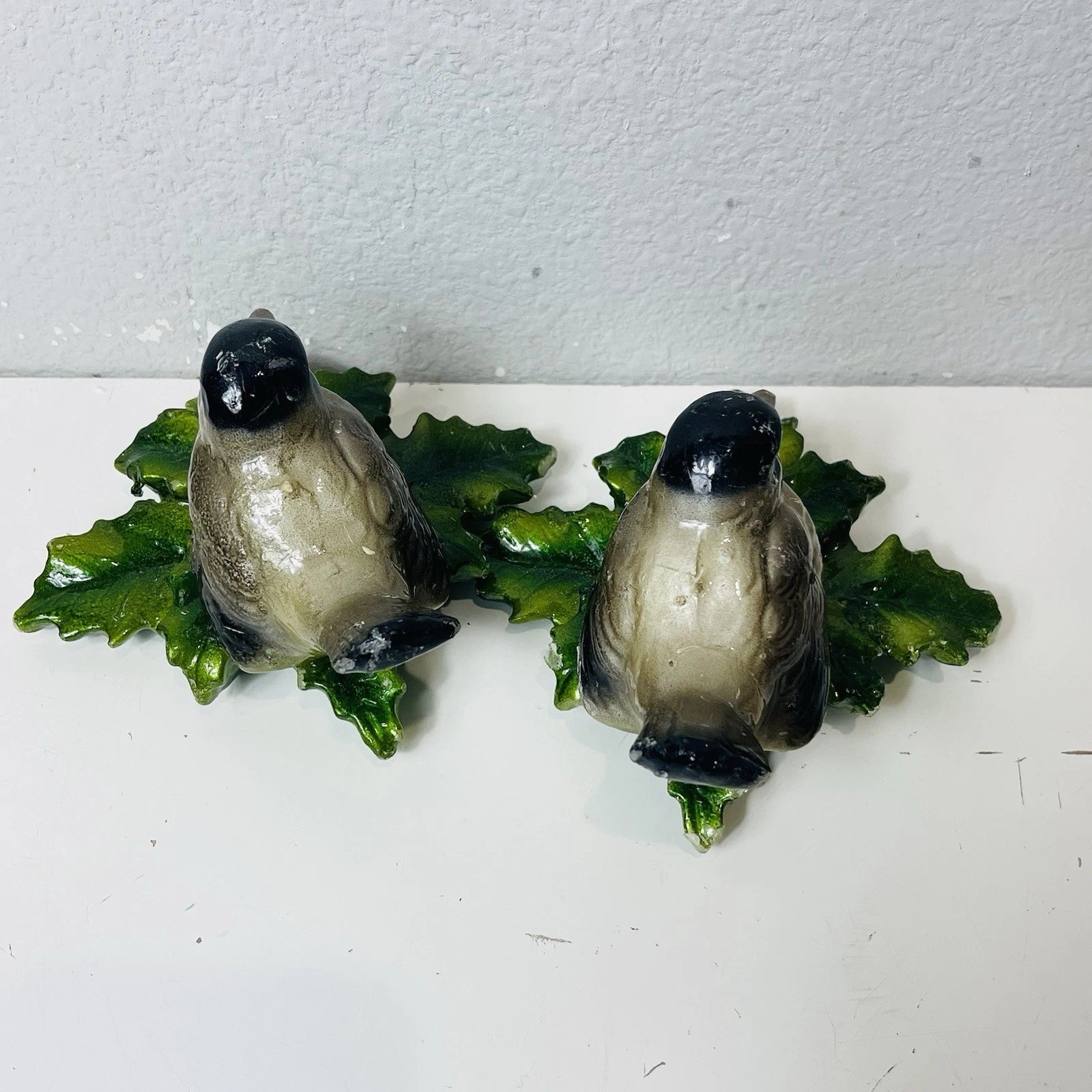 Set Of 2 Bird Candles Hand Painted with Christmas Holly Leaves and Berries