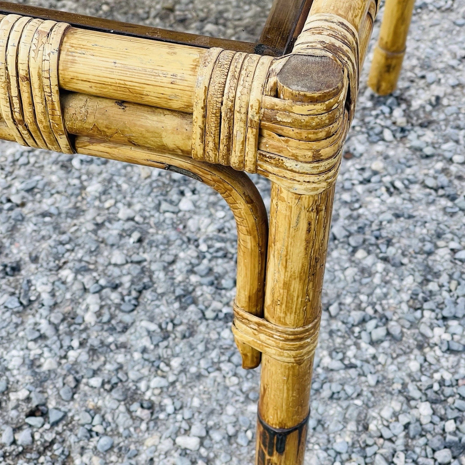 Mid Century Vintage Bamboo Rattan Smoked Glass Side End Table Boho Accent Decor