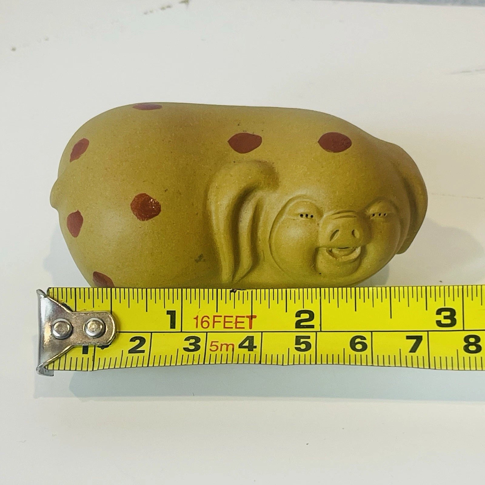 Vintage Clay Pottery Chinese Happy Polka Face Pig Tea Pet Statue Rattle Figurine
