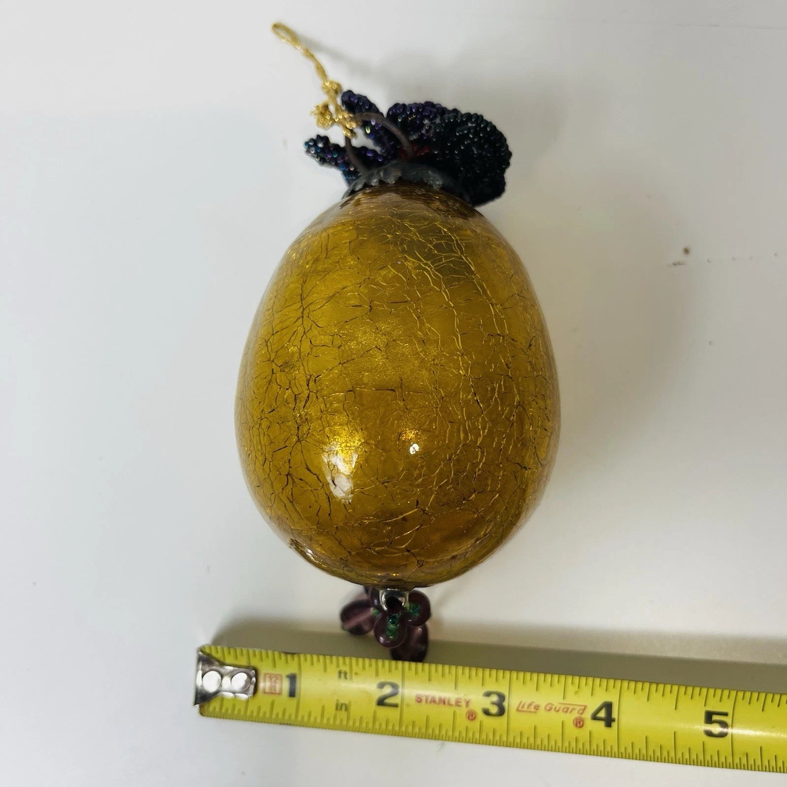Vintage Old Gold Amber Cracked Crackle Glass Kugel Egg Style Ornament Accent