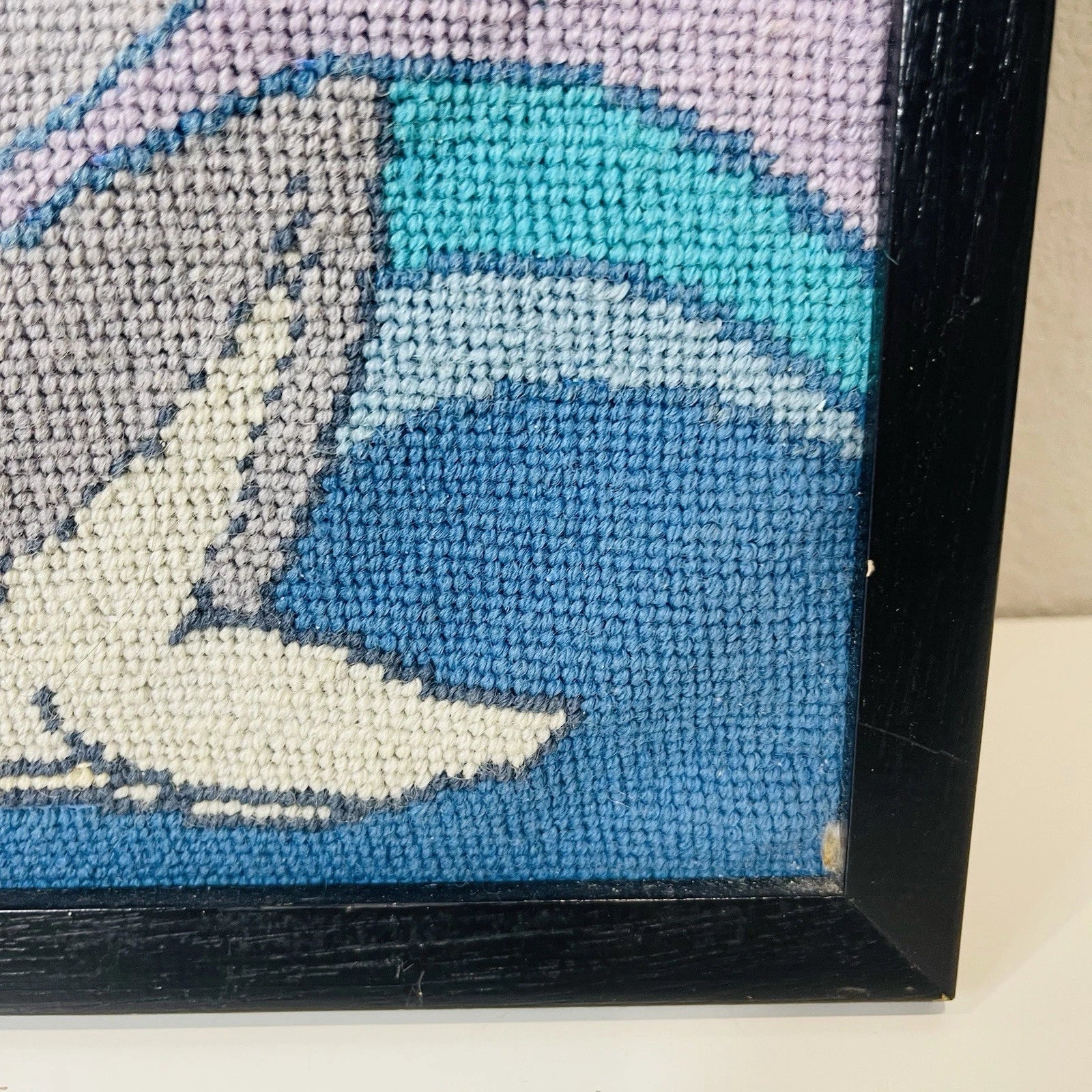 Vintage Dolphin Blue Needlepoint Wall Art Picture Frame Home Office Accent Decor