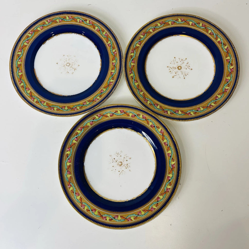 Set Of 3 Bohemian Style Dessert Plates Blue Gold Rim Pink Roses Vine Accent Deco