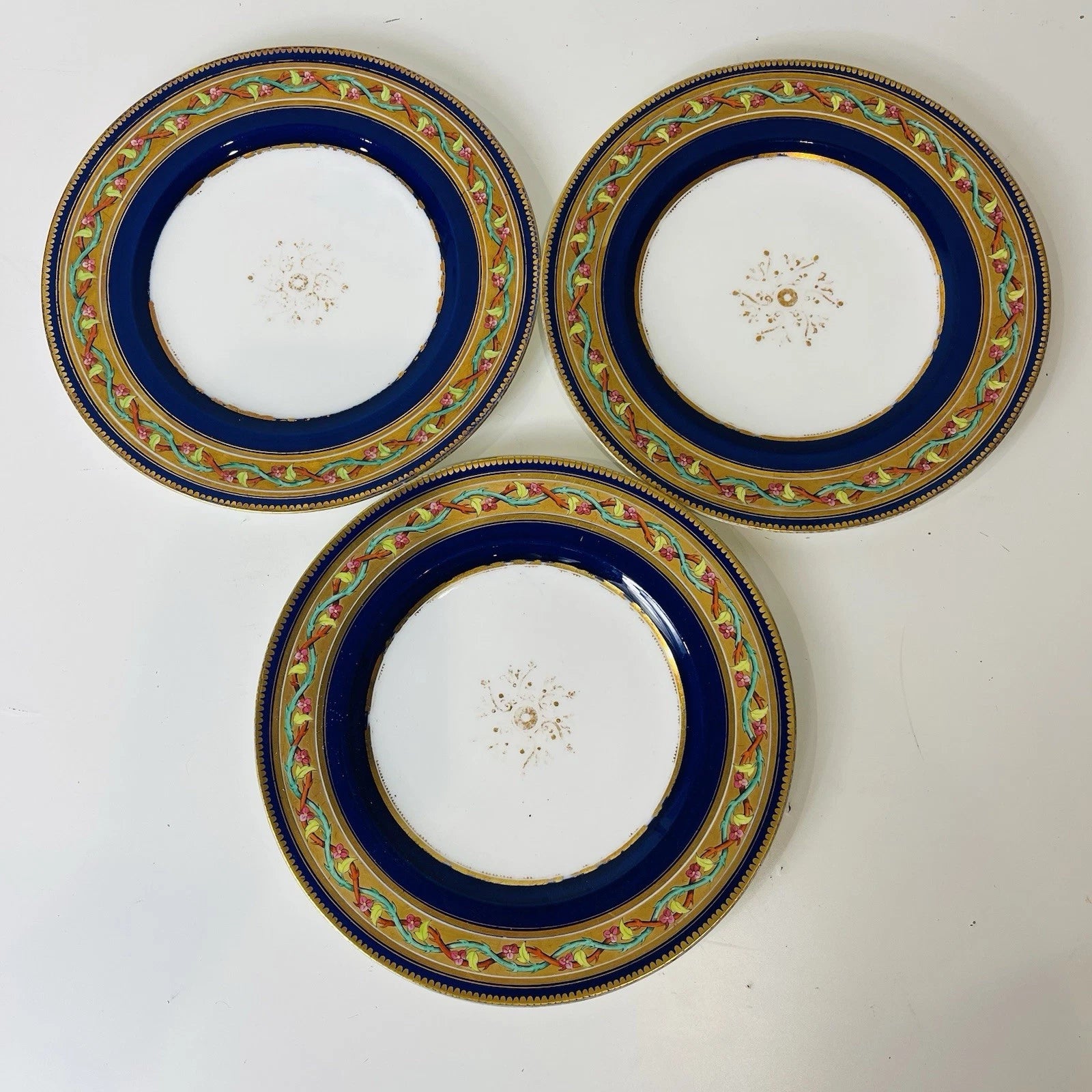 Set Of 3 Bohemian Style Dessert Plates Blue Gold Rim Pink Roses Vine Accent Deco