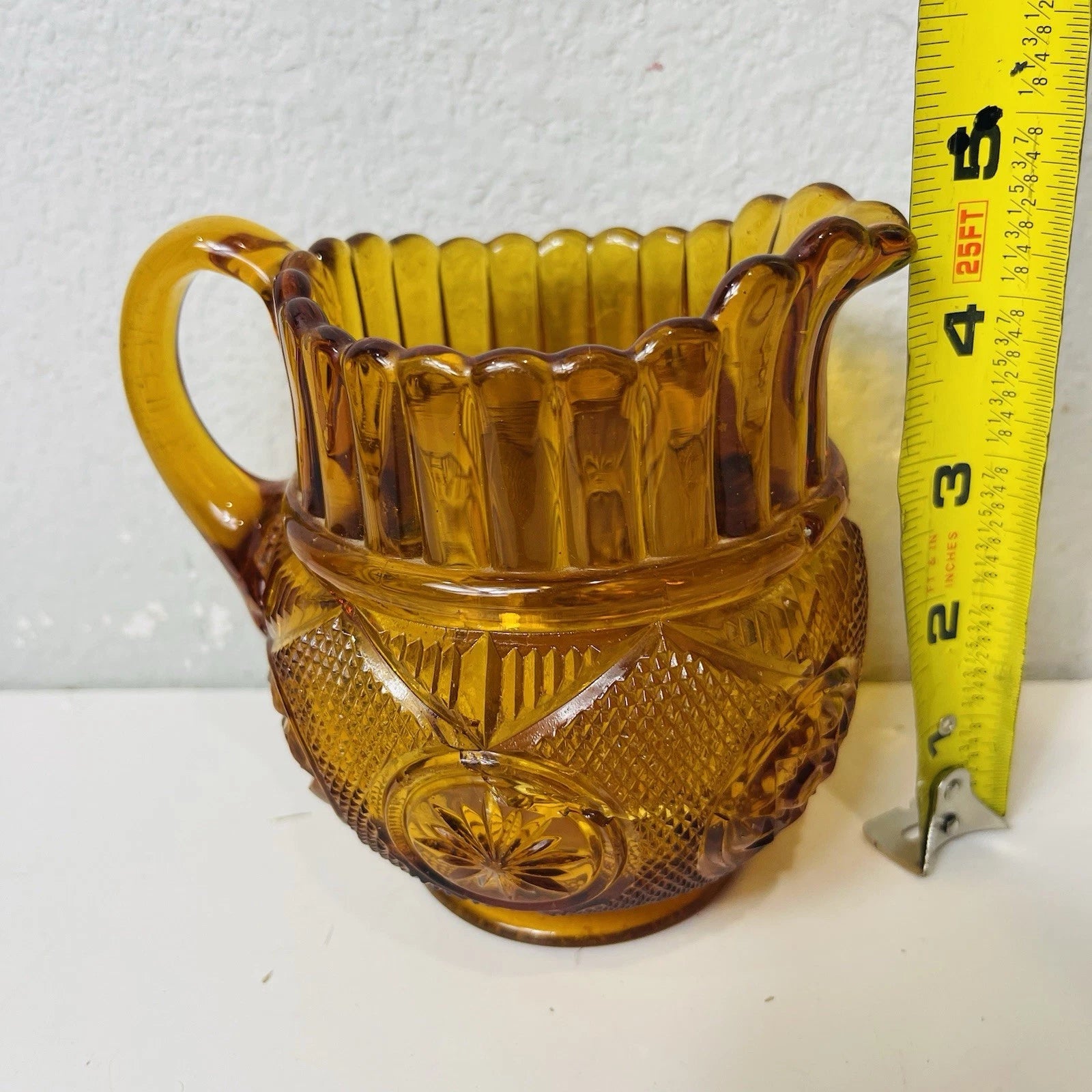 Rare Depression Antique Amber Glass Creamer Milk Pitcher For Arts Crafts “As Is”