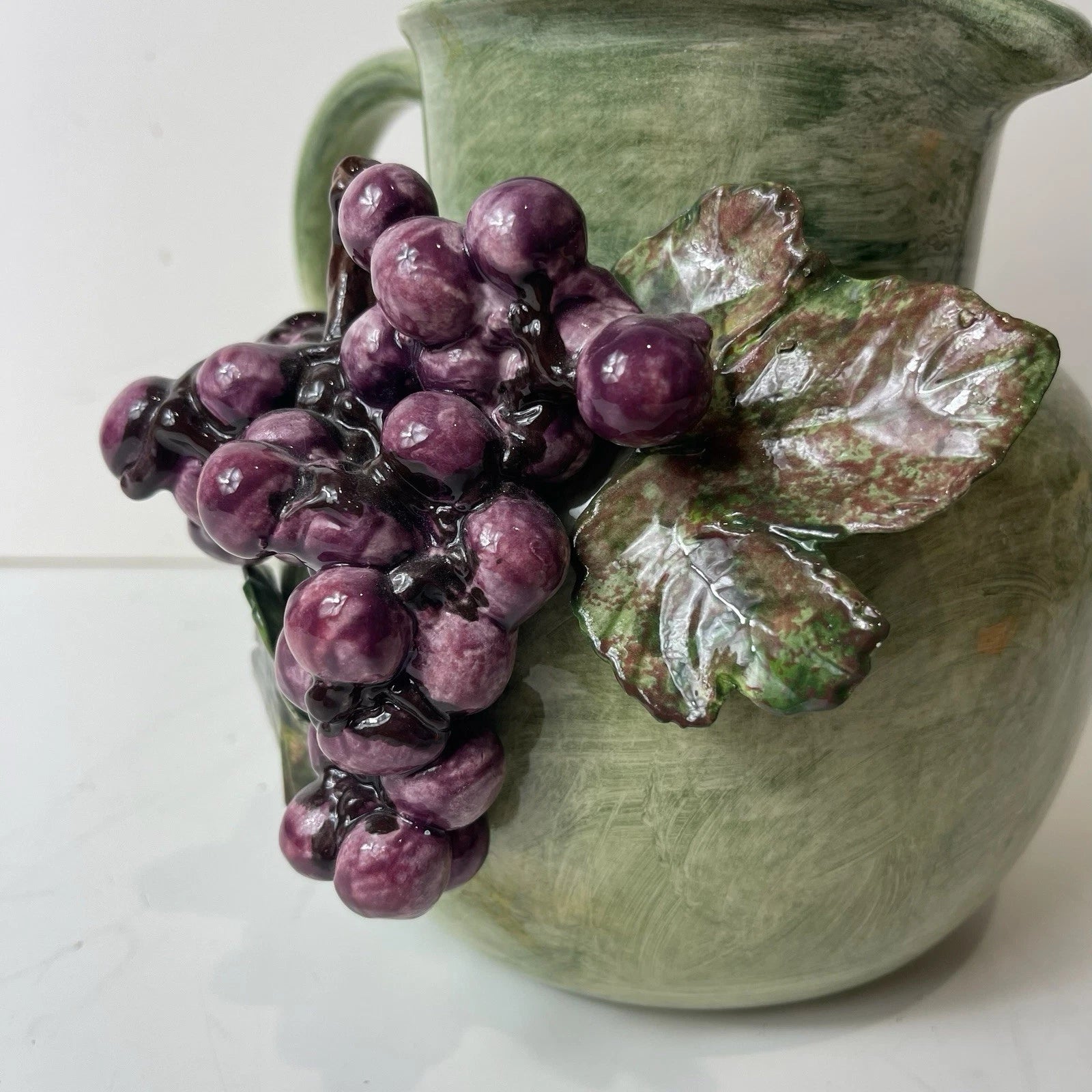 San Marco Nove Italy Hand-painted Pitcher Purple Grapes Green Embossed