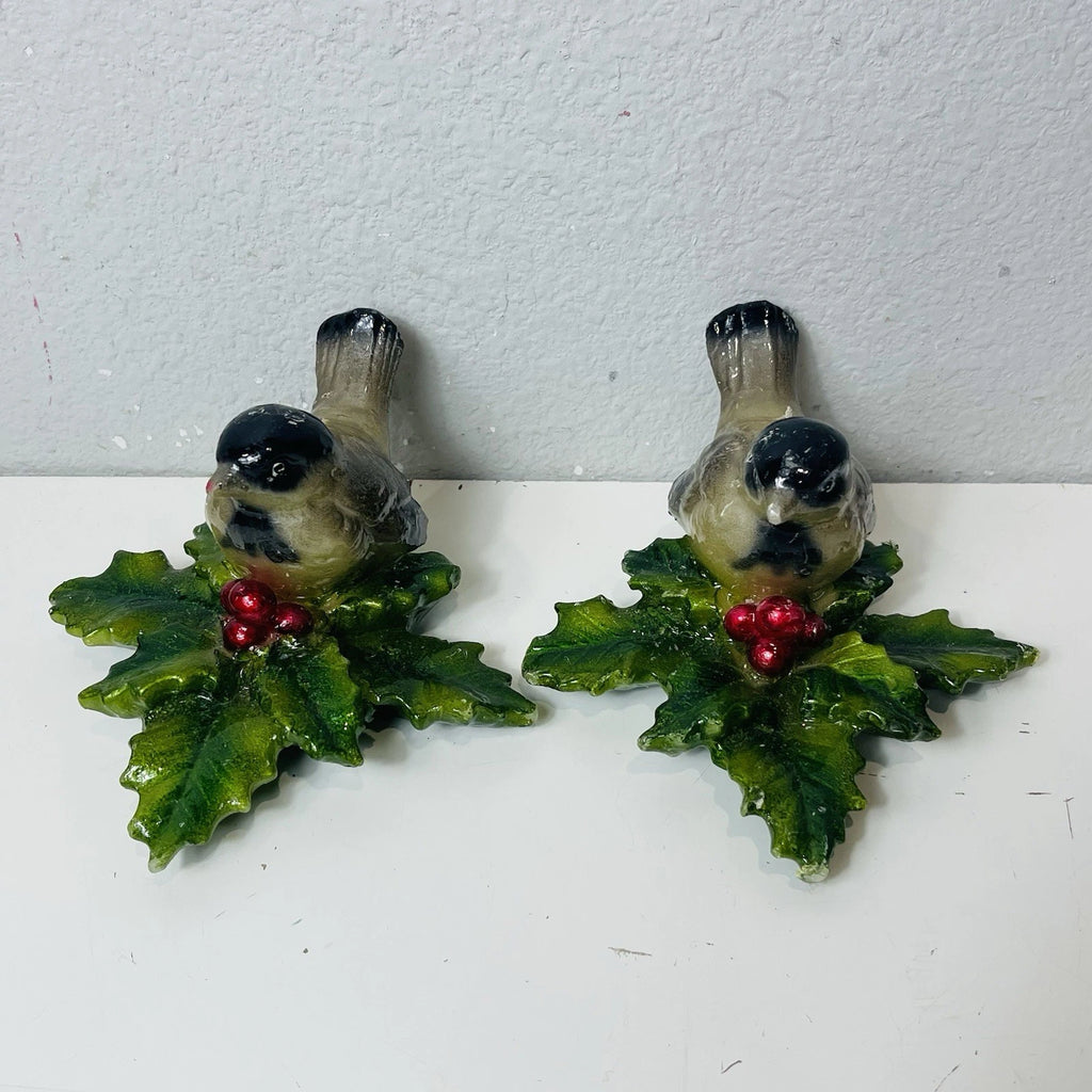 Set Of 2 Bird Candles Hand Painted with Christmas Holly Leaves and Berries