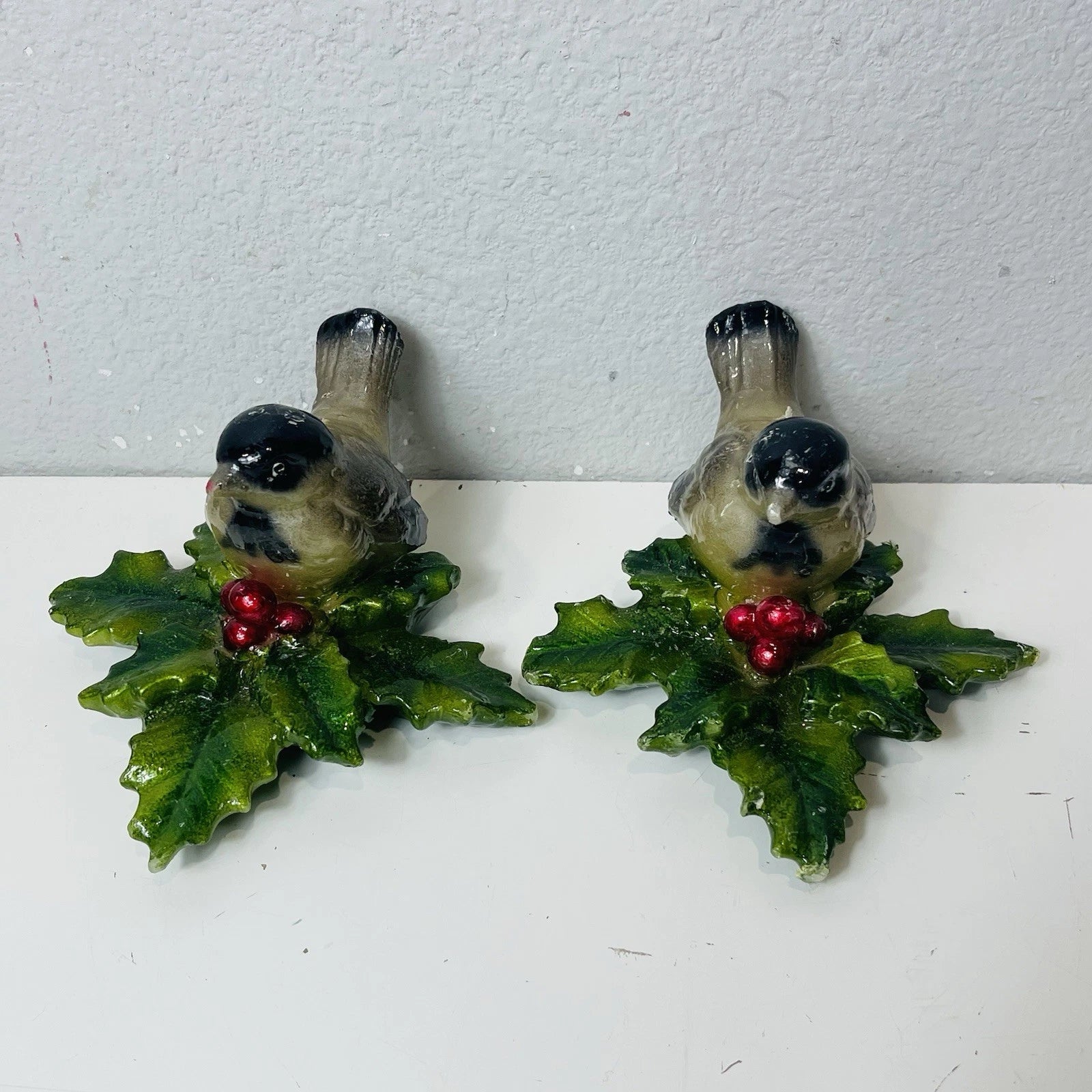 Set Of 2 Bird Candles Hand Painted with Christmas Holly Leaves and Berries