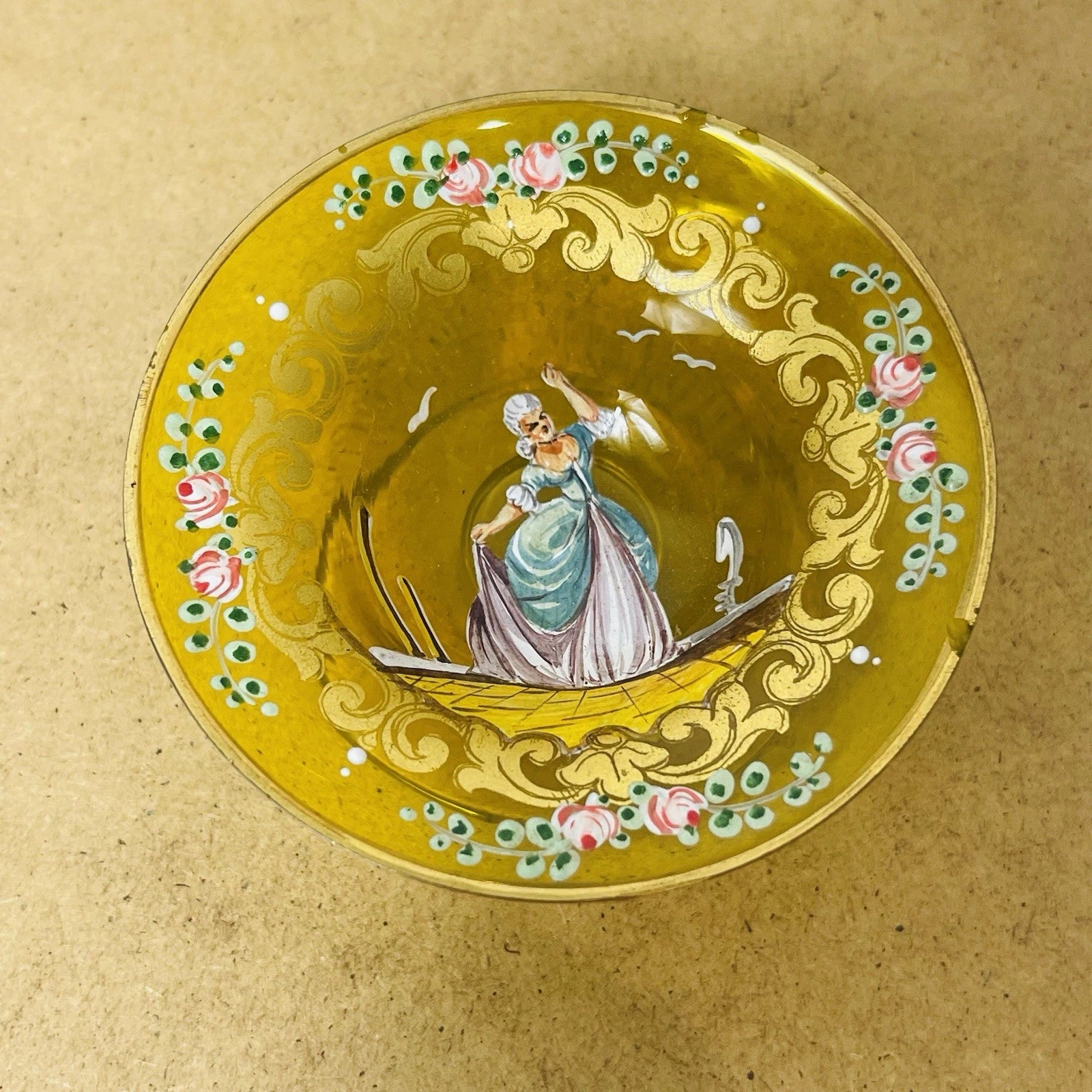 Vintage Bohemian Czech Miniature Compote Moser Glass Raised Enamel Gold “As Is”