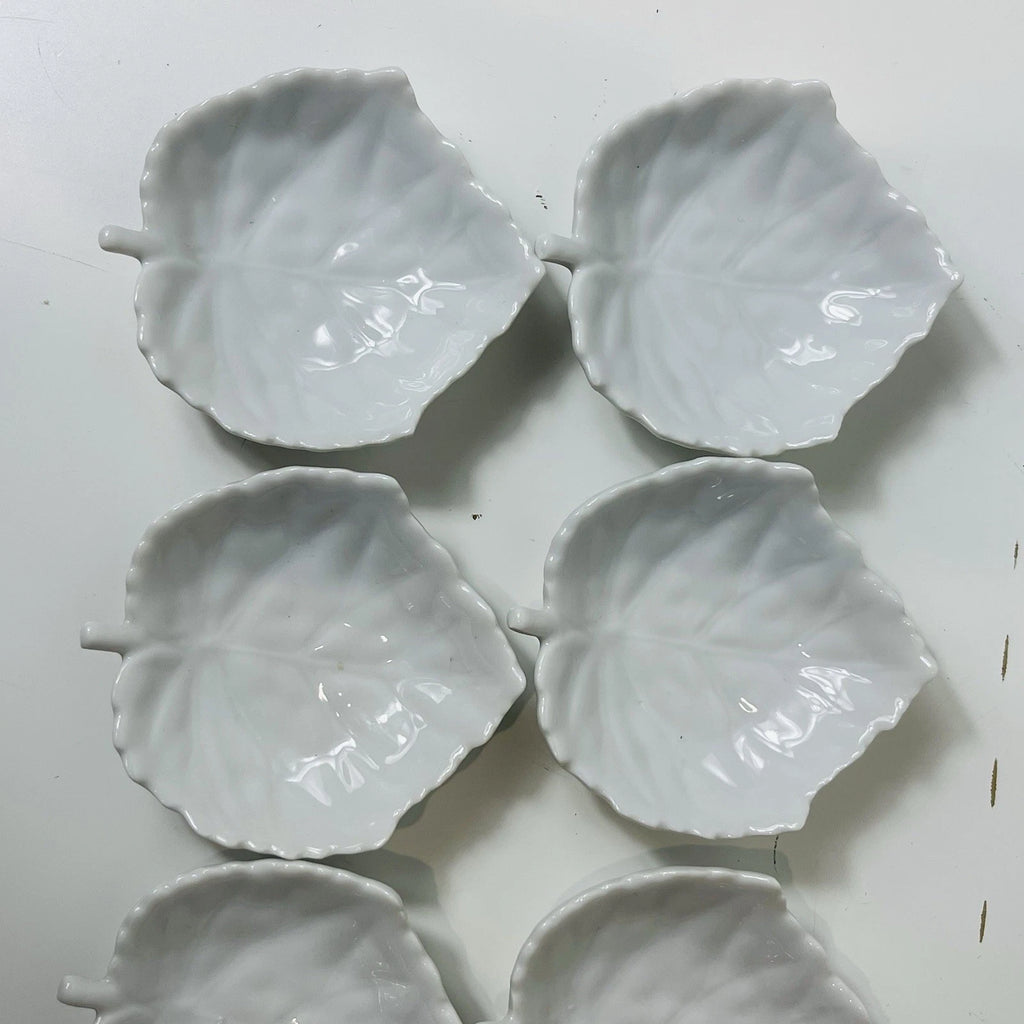 Set of 6 White Porcelain Leaf-Shaped Veined Soy Sauce Dipping Dishes